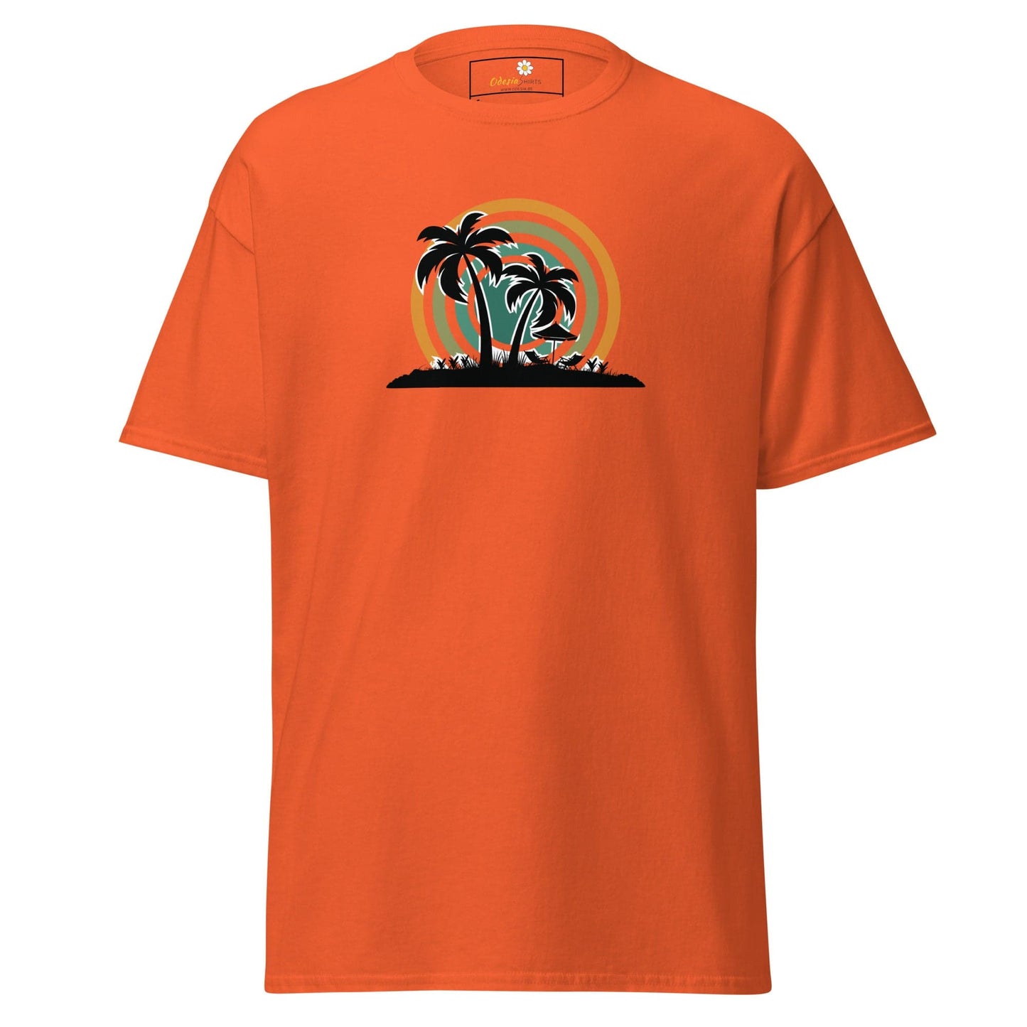 Orange T-shirt featuring a tropical island graphic for men and women in S to XL sizes