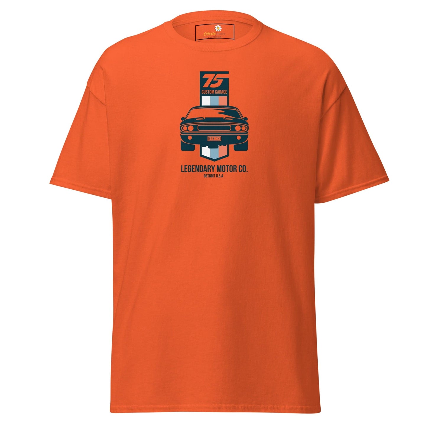 Orange T-shirt with a car graphic, available in S to XL for men and women