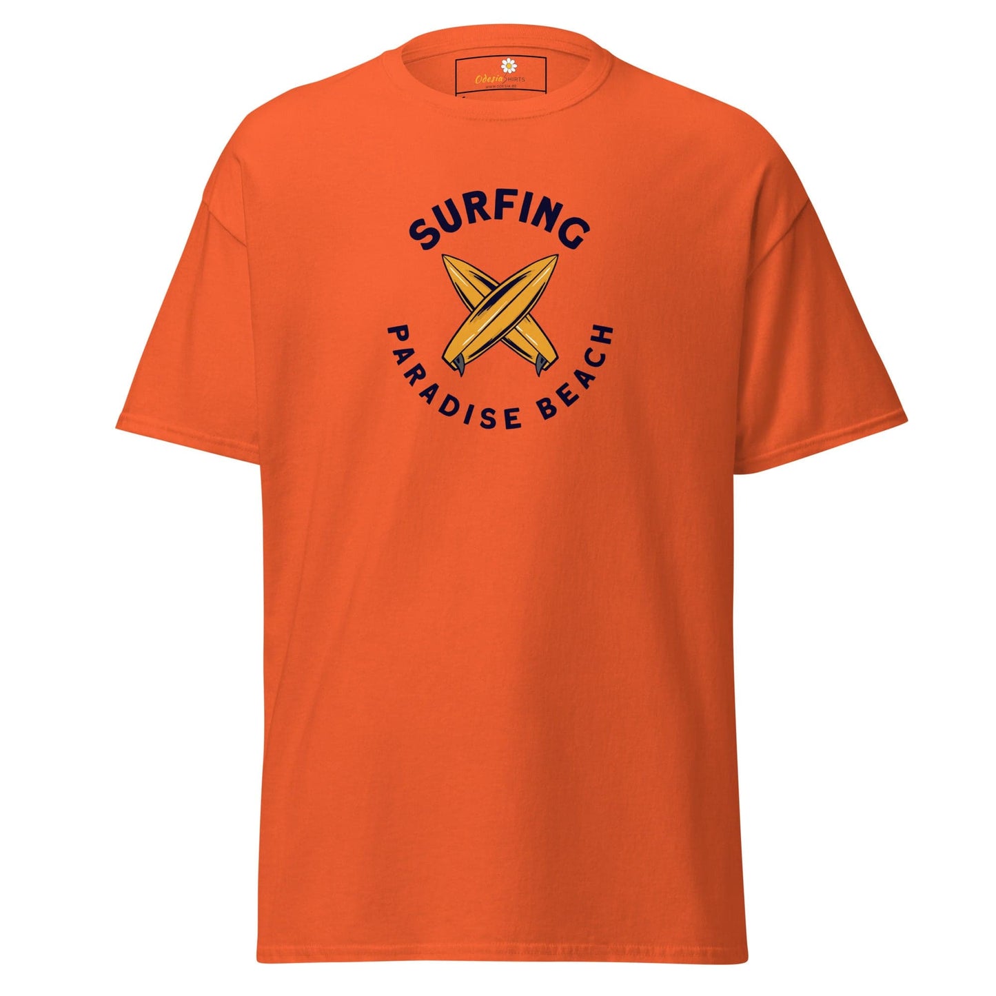 Orange T-shirt with surfing graphic for men and women available in sizes S to XL