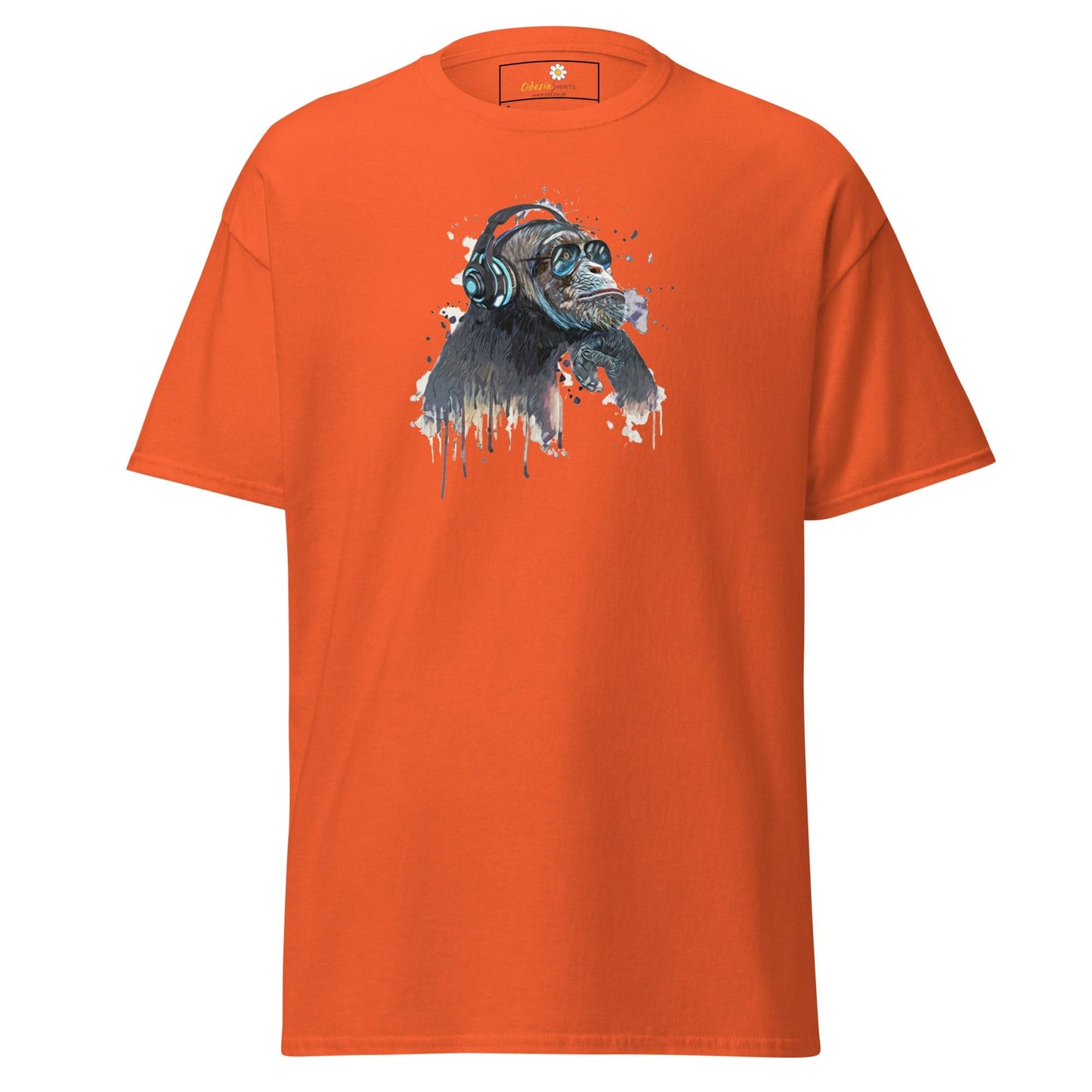 Orange T-shirt with chimpanzee graphic for men and women in sizes S to XL