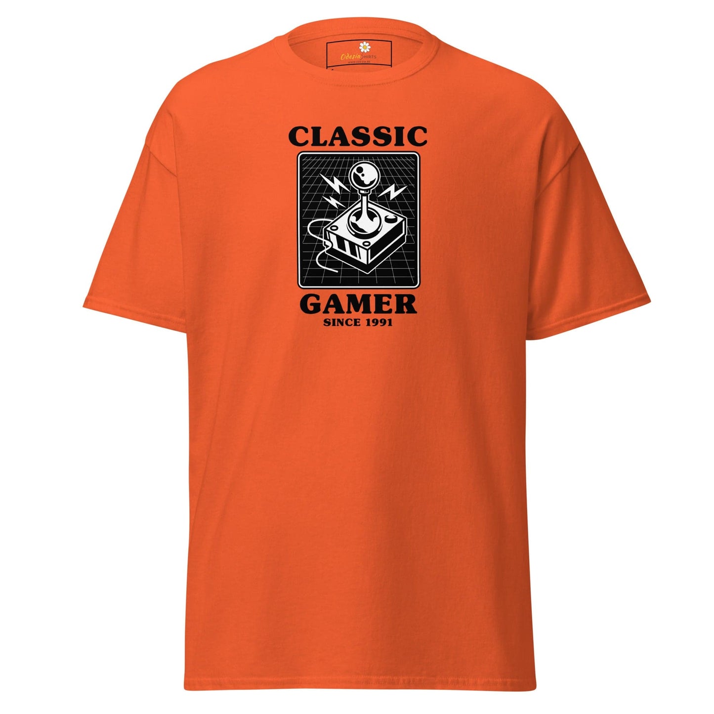 Orange T-shirt with gaming design, suitable for men and women, available in multiple sizes