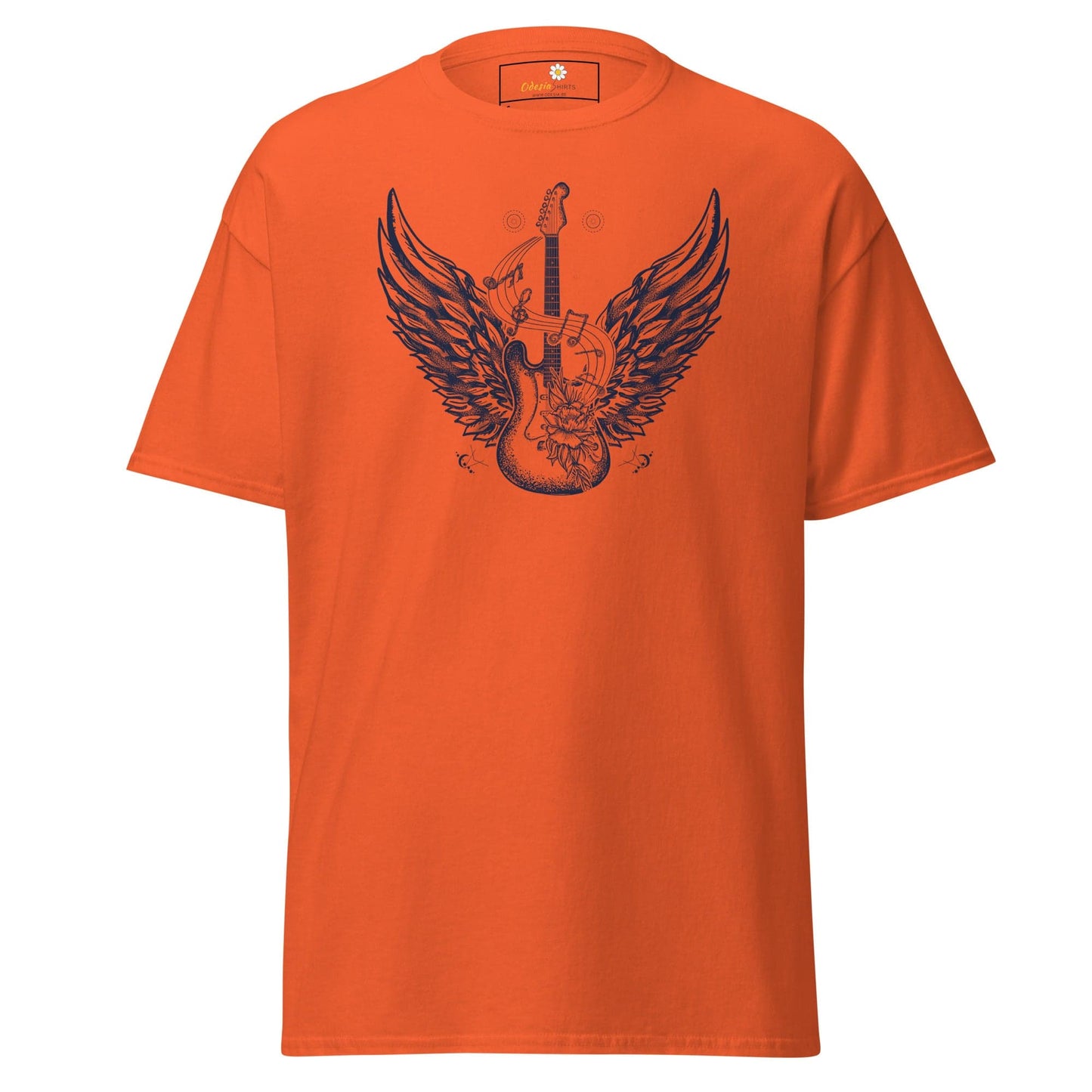 Orange T-shirt with guitar and wings graphic for men and women in S to XL sizes