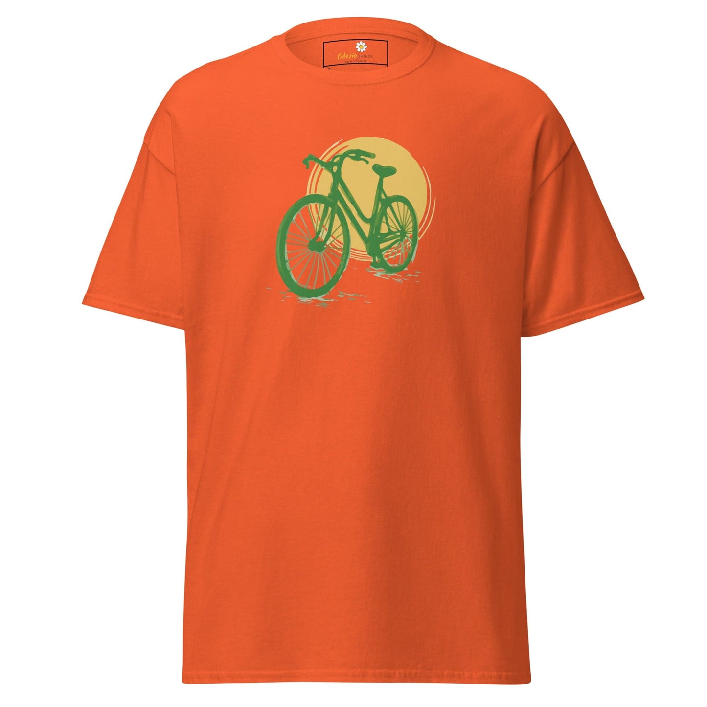 Orange T-shirt with bicycle graphic for men and women in S to XL sizes