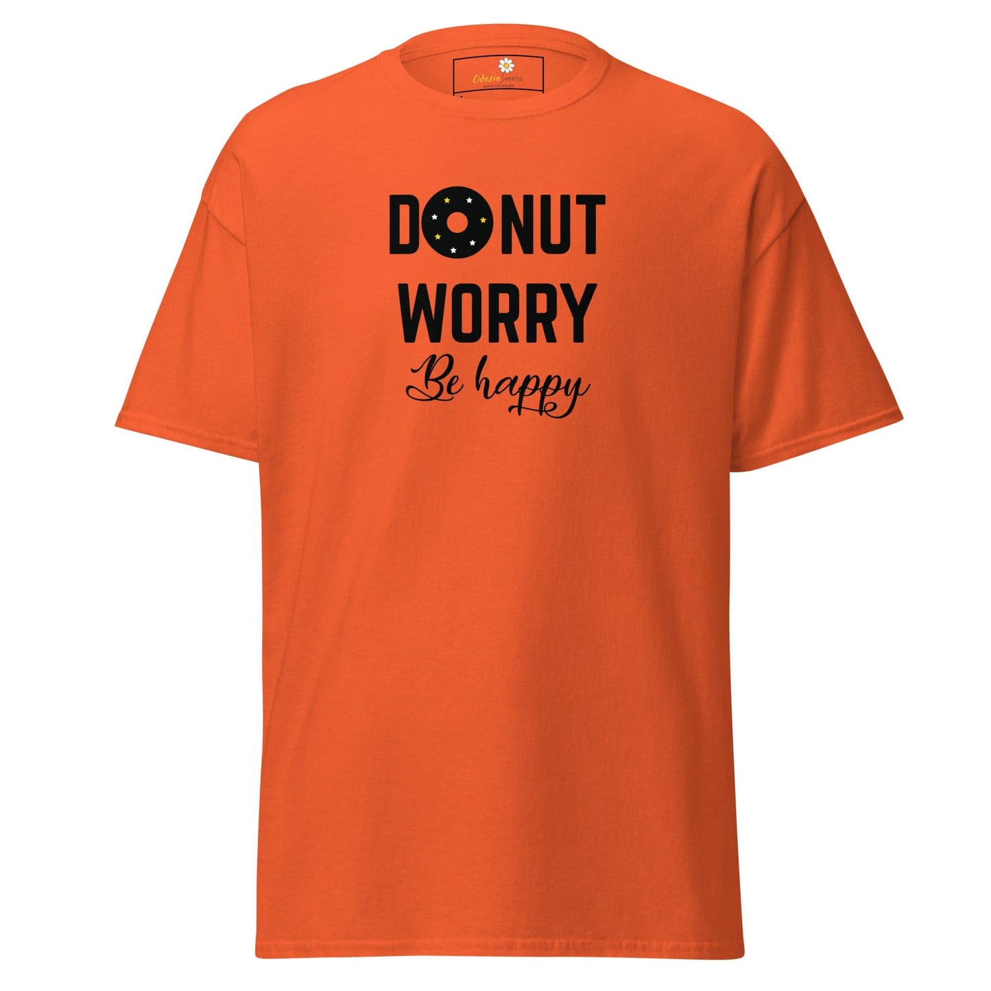Orange T-shirt with Donut Worry Be Happy slogan, suitable for Men and Women sizes S to XL