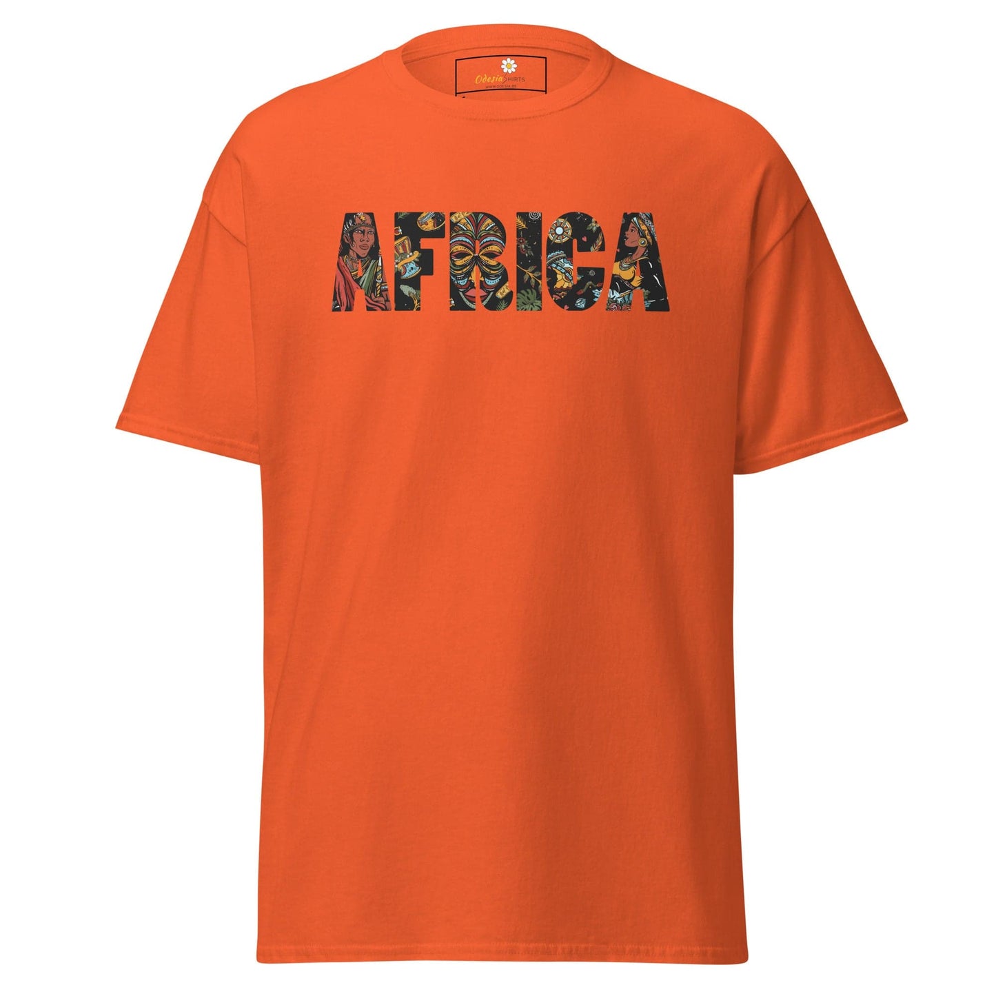 Orange T-shirt with AFRICA graphic, available in S to XL for men and women