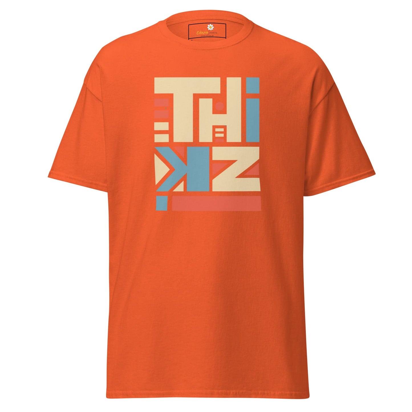 Orange T-shirt with THINK graphic from T-SHIRT DESIGN TEE for Men and Women in S to XL