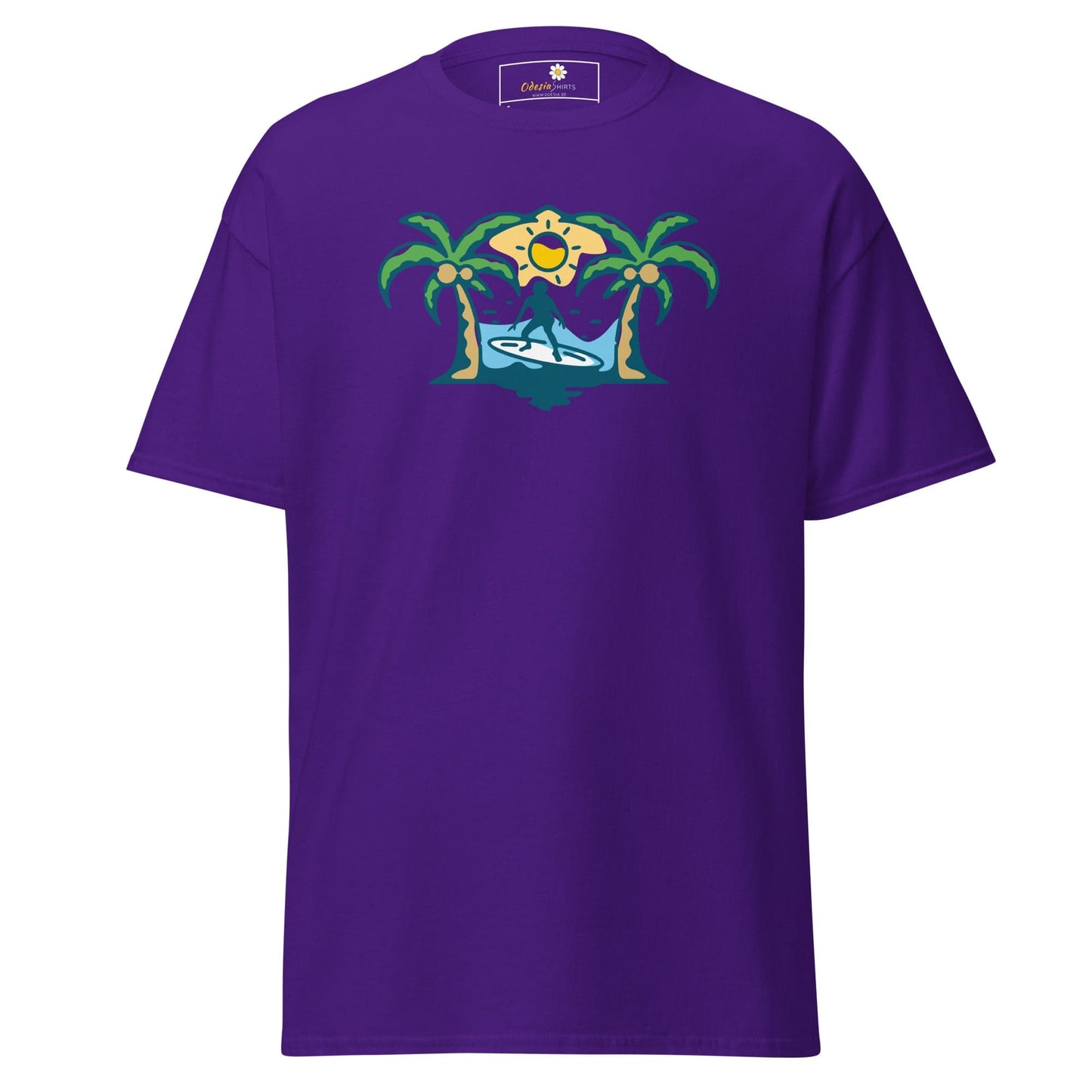 Purple t-shirt with tropical surfer graphic for men and women in sizes S to XL