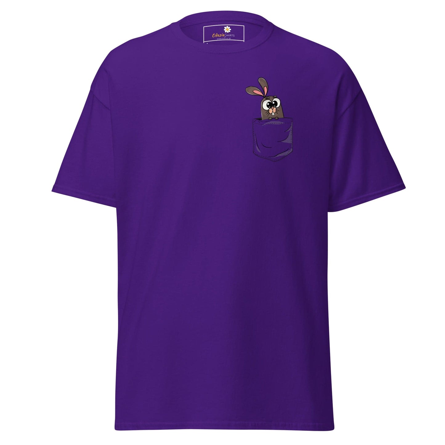 Purple T-shirt with cartoon bunny in pocket for men and women size S-XL