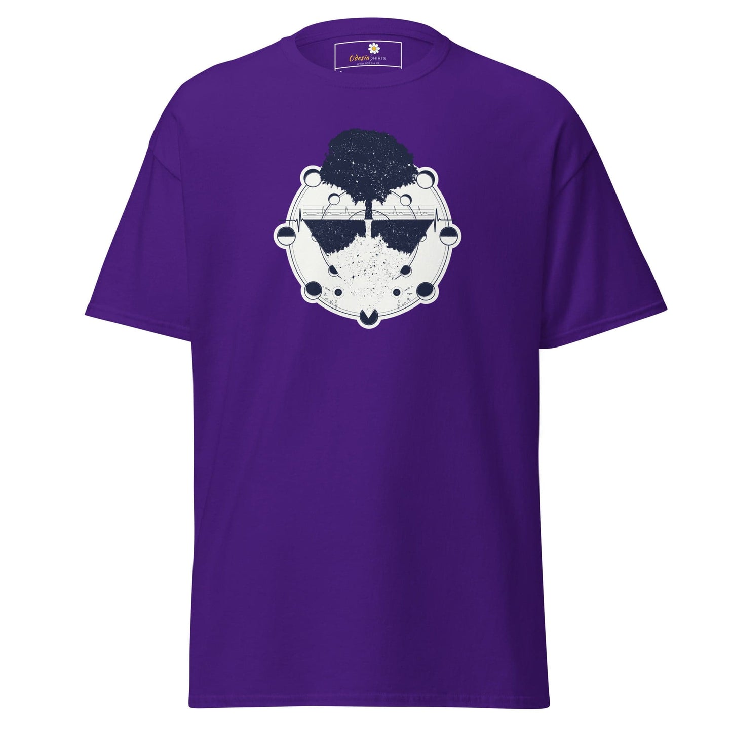 Purple T-shirt with tree graphic for men and women in sizes S to XL