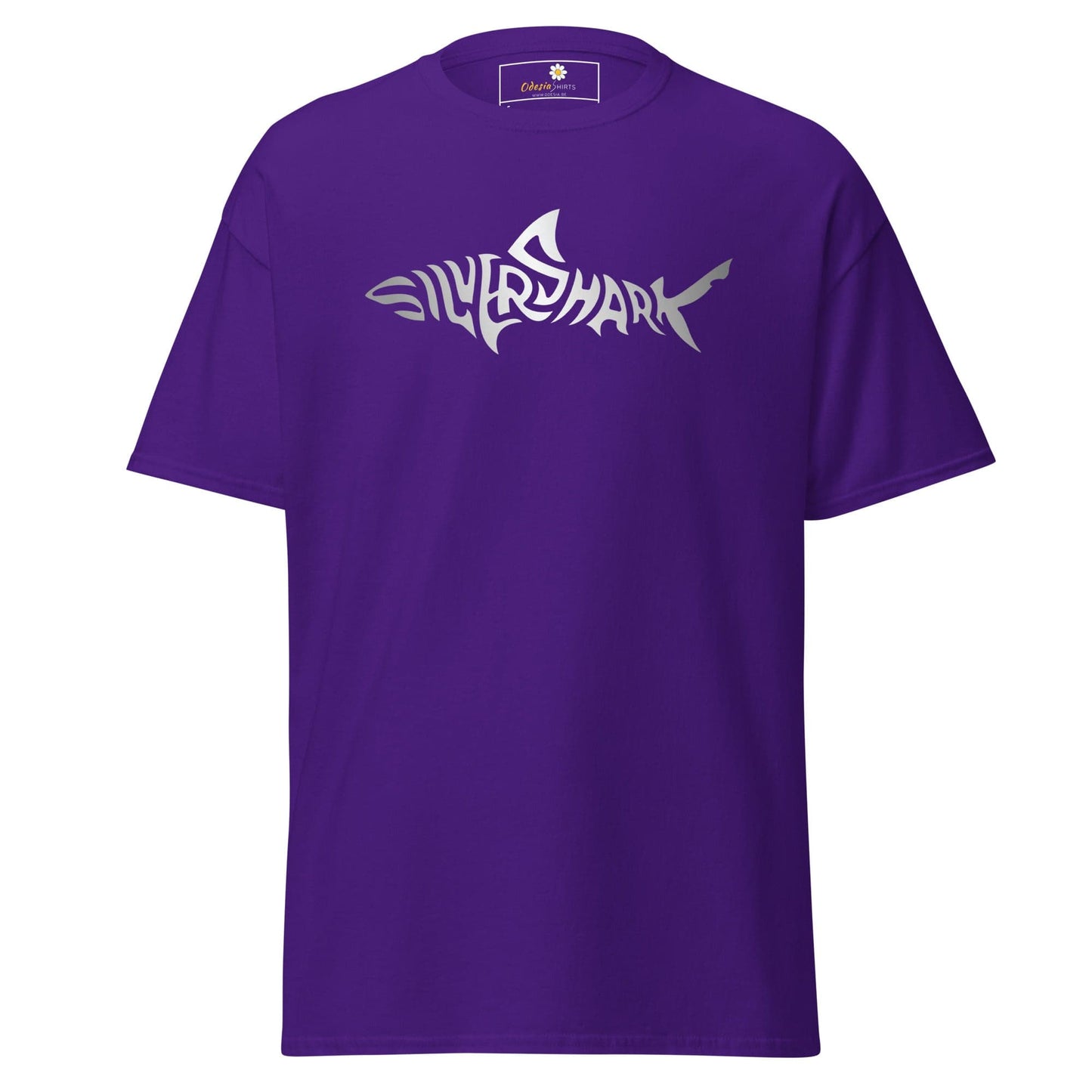 Purple T-shirt with silver shark design for men and women, available in sizes S to XL