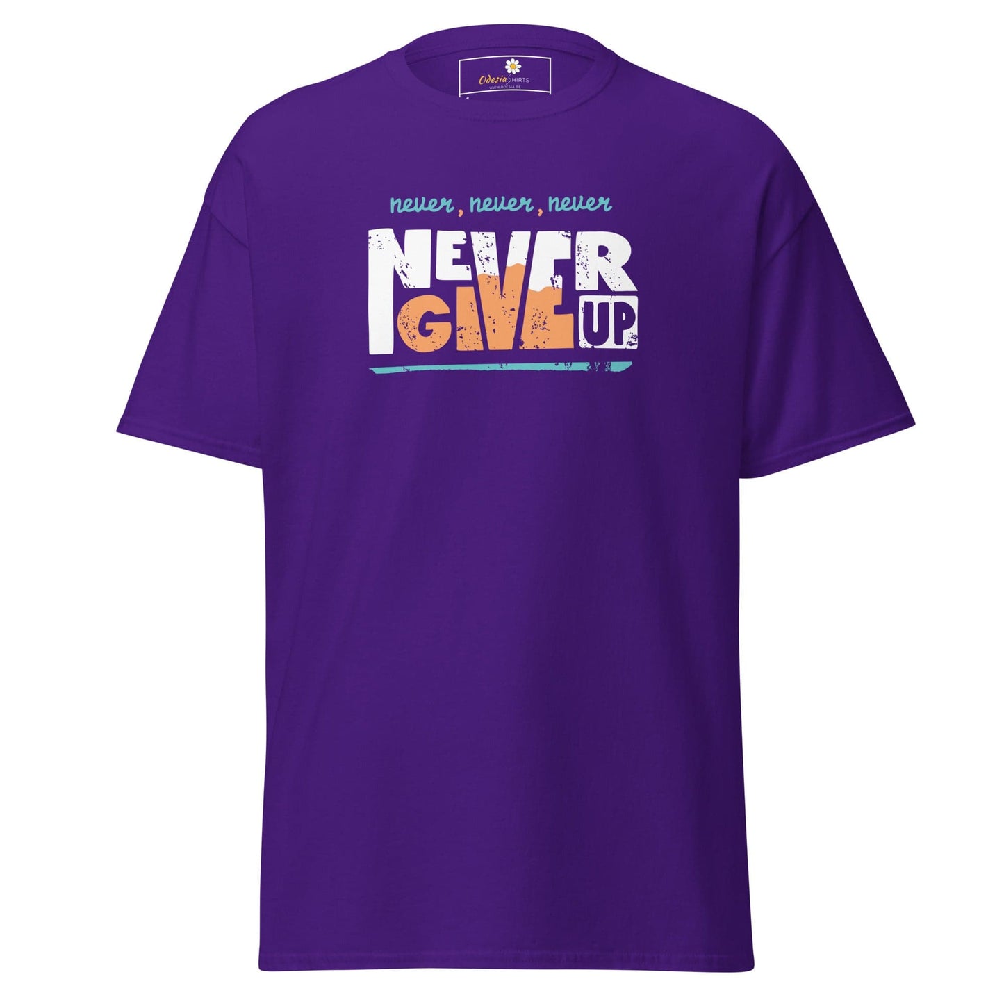 Purple T-shirt with Never Give Up graphic suited for men and women in sizes S to XL