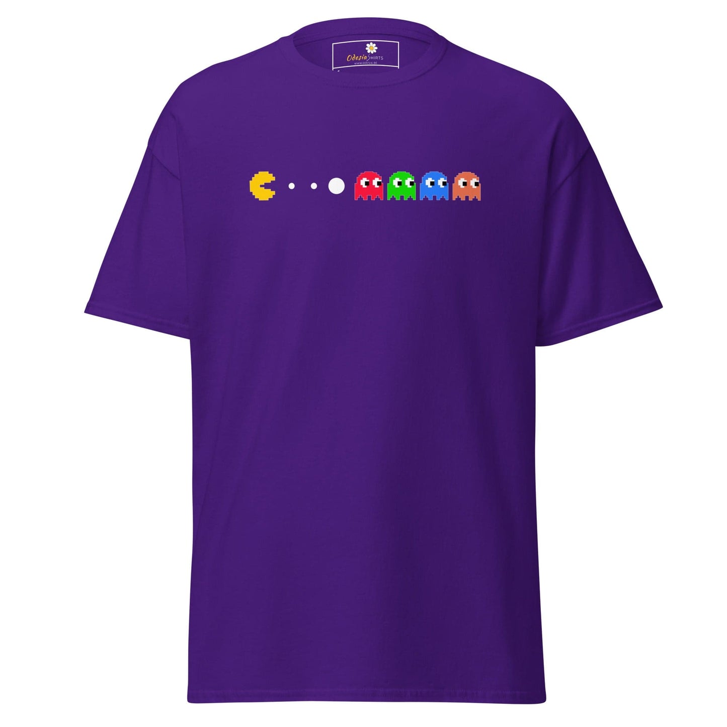 Purple T-Shirt with Pac-Man design for Men and Women in sizes S to XL