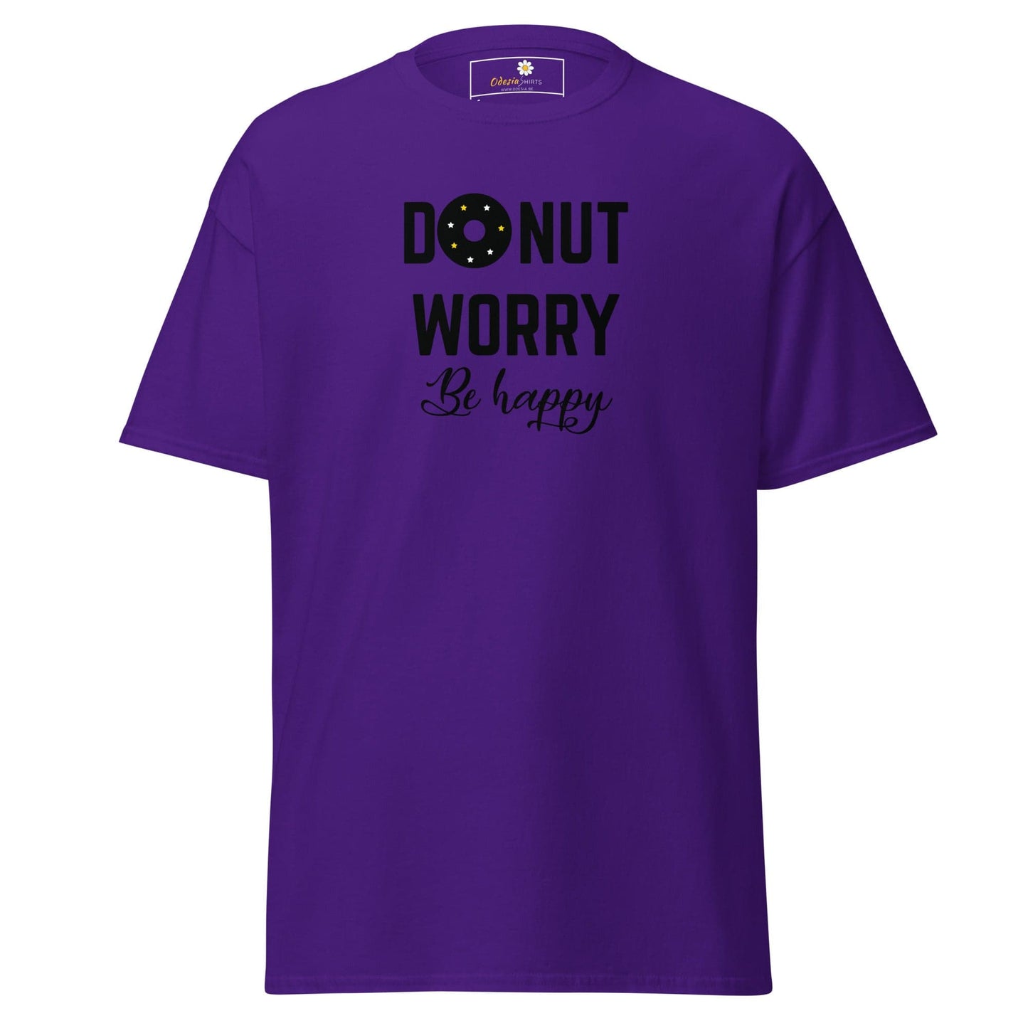 Purple t-shirt featuring Donut Worry Be Happy text for Men and Women sizes S to XL