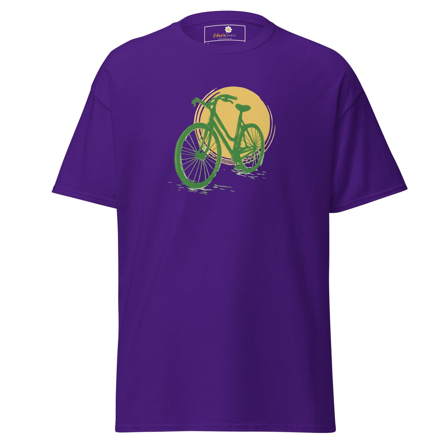 Purple T-shirt with green bicycle graphic, suitable for men and women, sizes S to XL