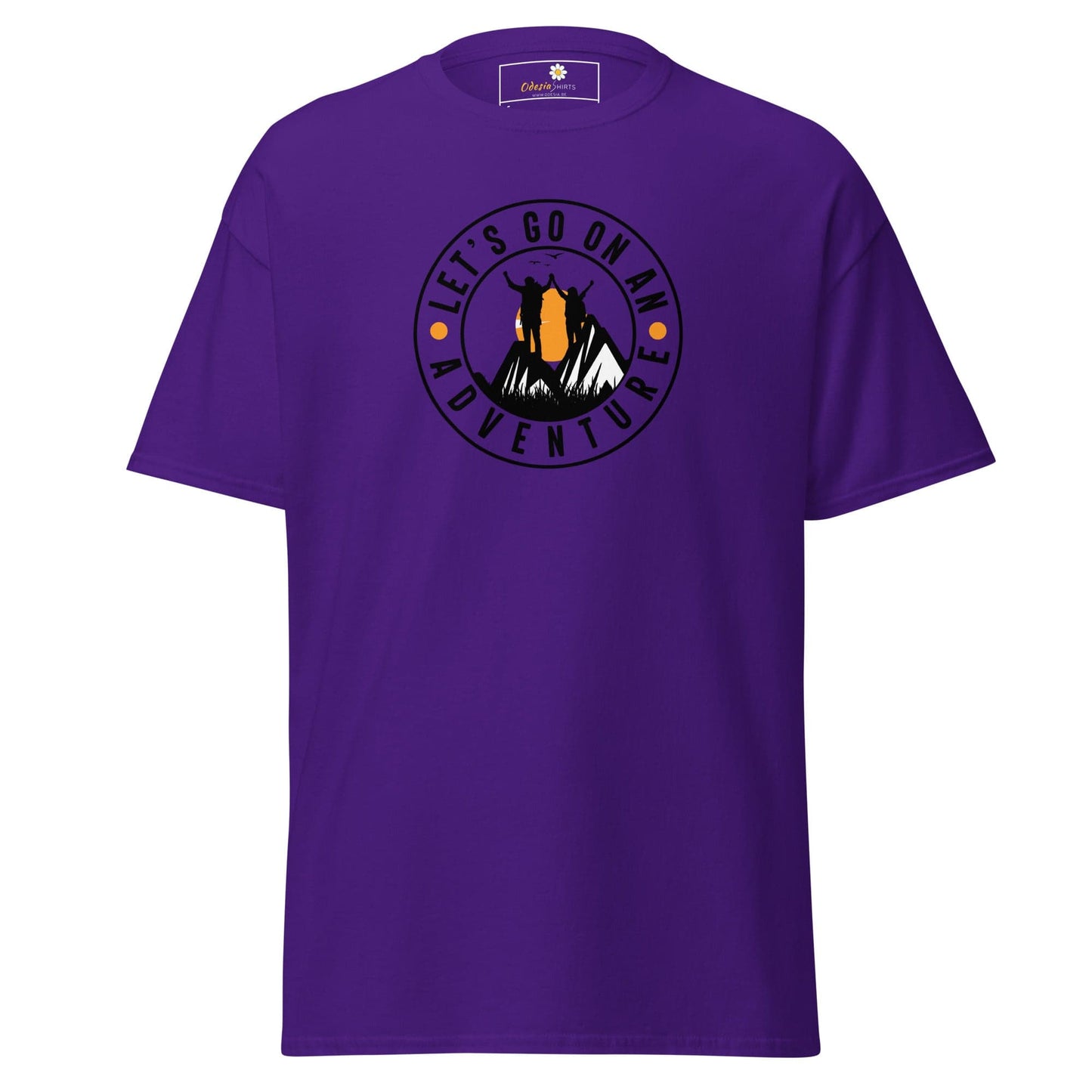 Purple T-shirt with adventure graphic for men and women in sizes S to XL