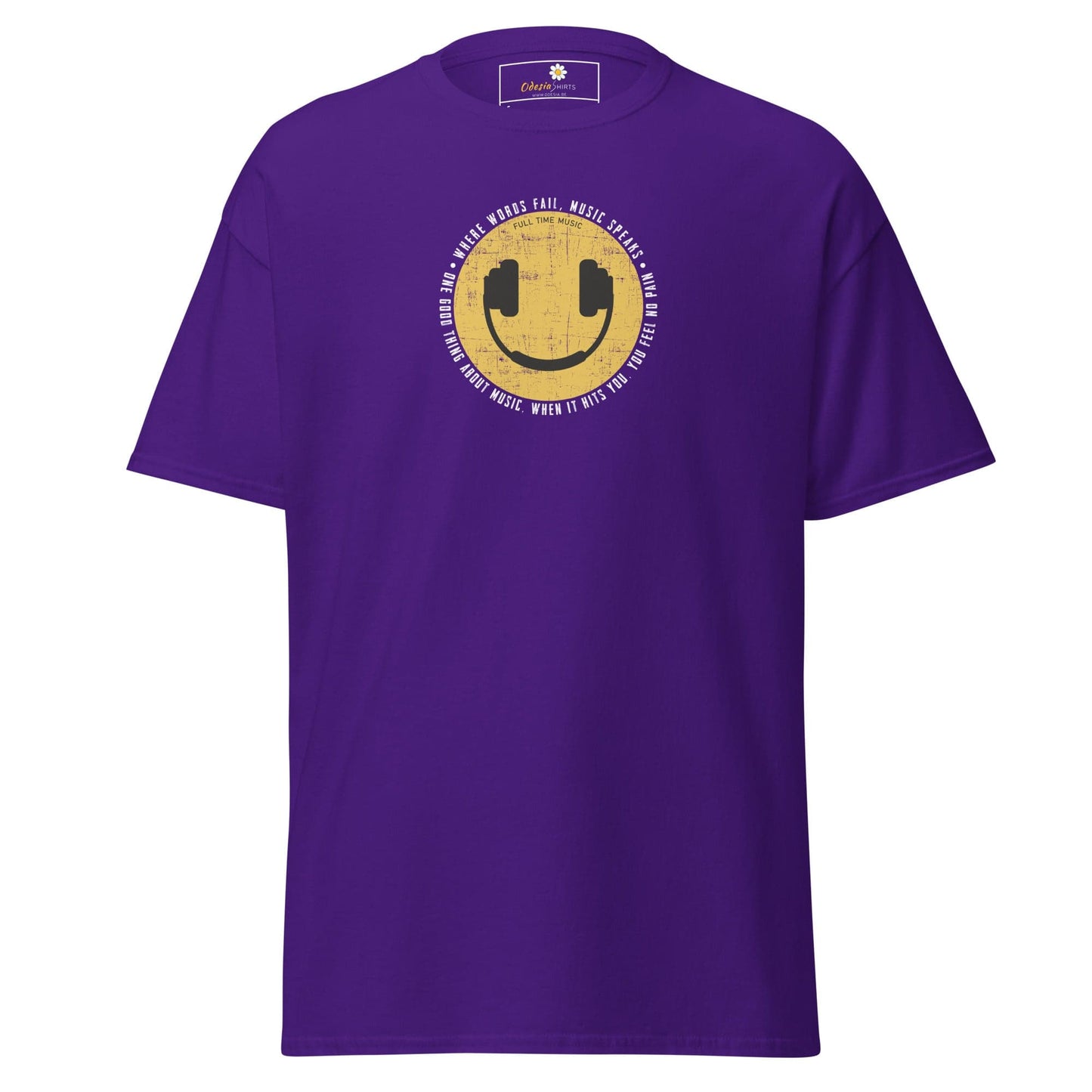 Purple T-Shirt with Smile Face and Headphones for Men and Women in Sizes S to XL