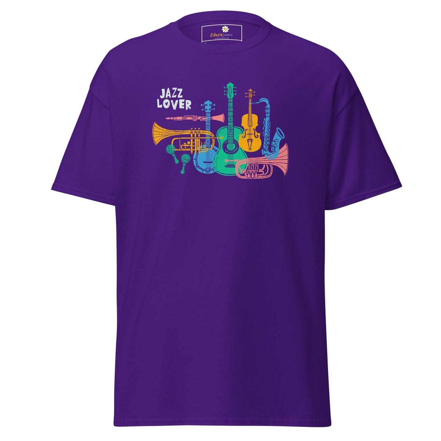 Purple T-shirt with jazz instrument graphic for Men and Women in sizes S to XL