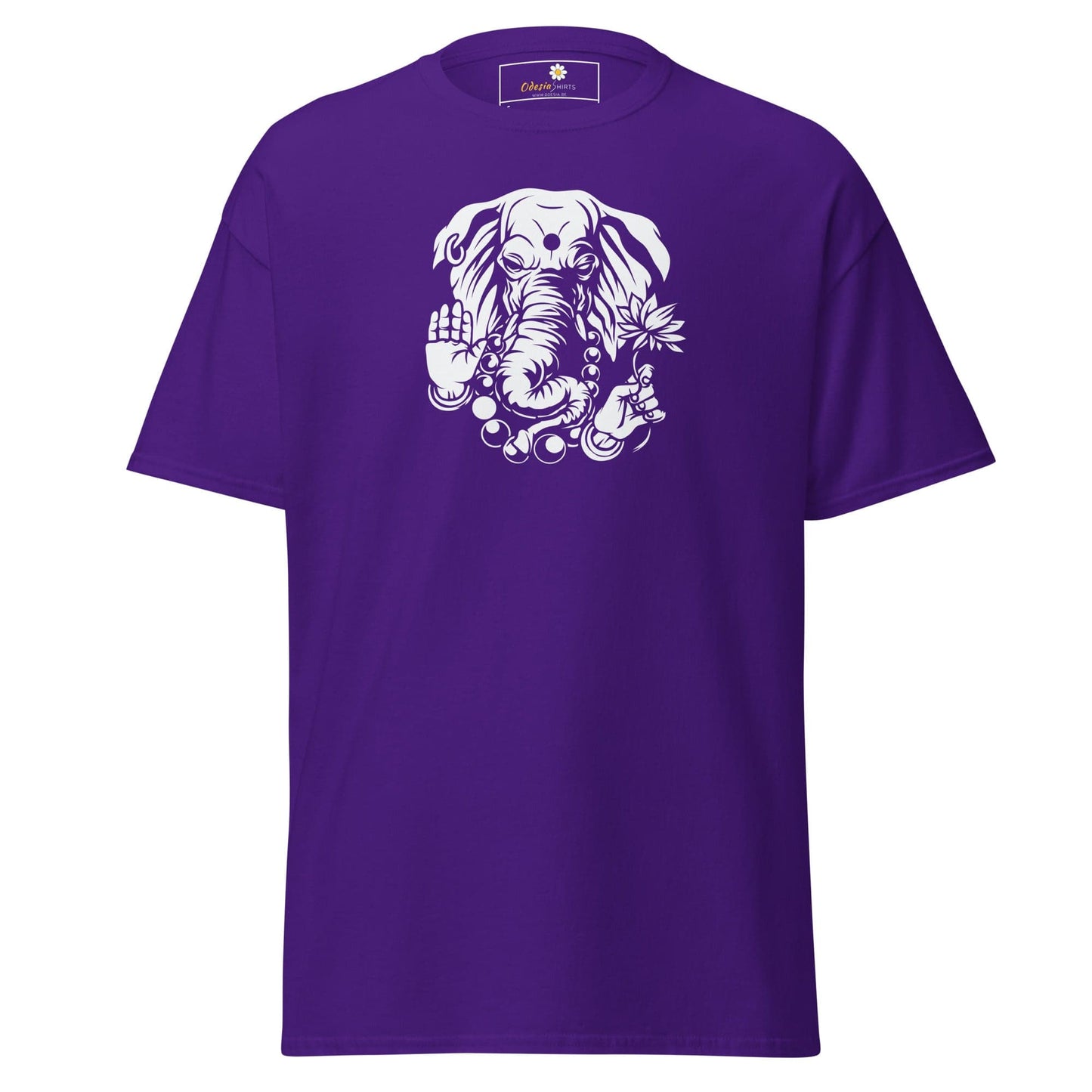 Purple T-shirt with white elephant graphic for men and women available in S to XL sizes