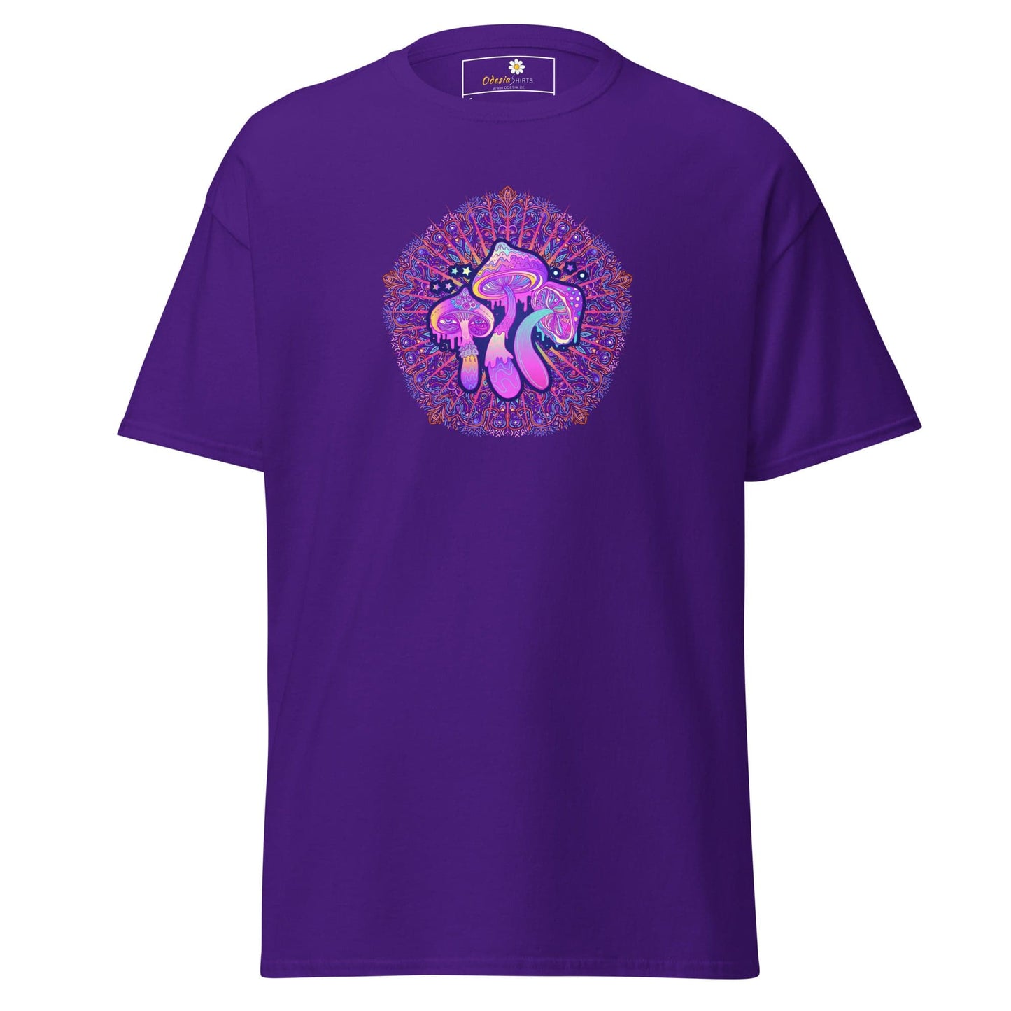 Purple T-shirt with mushroom mandala design for men and women available in sizes S to XL