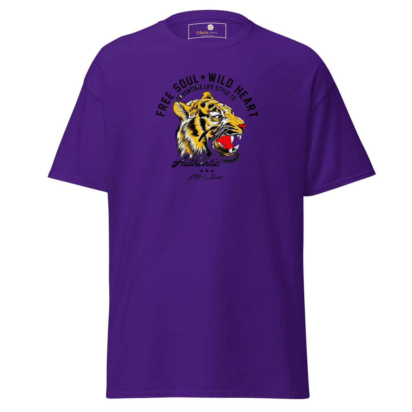 Purple T-shirt featuring a tiger graphic for men and women in sizes S to XL