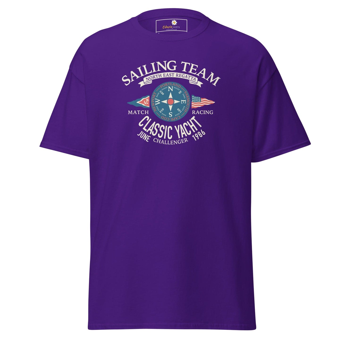 Purple T-shirt featuring Sailing Team graphic, available in S to XL for men and women
