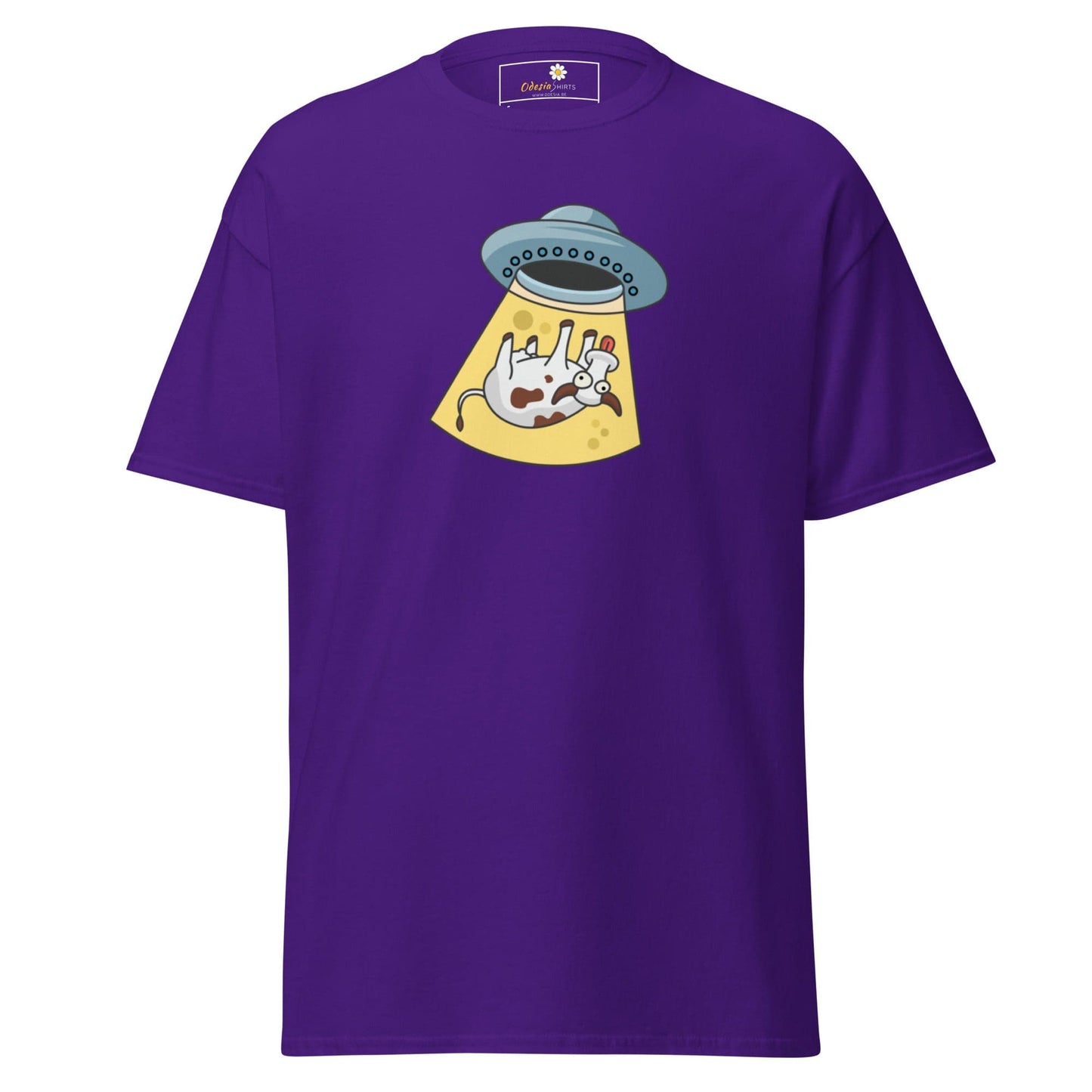 Purple T-shirt with alien abduction graphic, ideal for men and women sizes S to XL