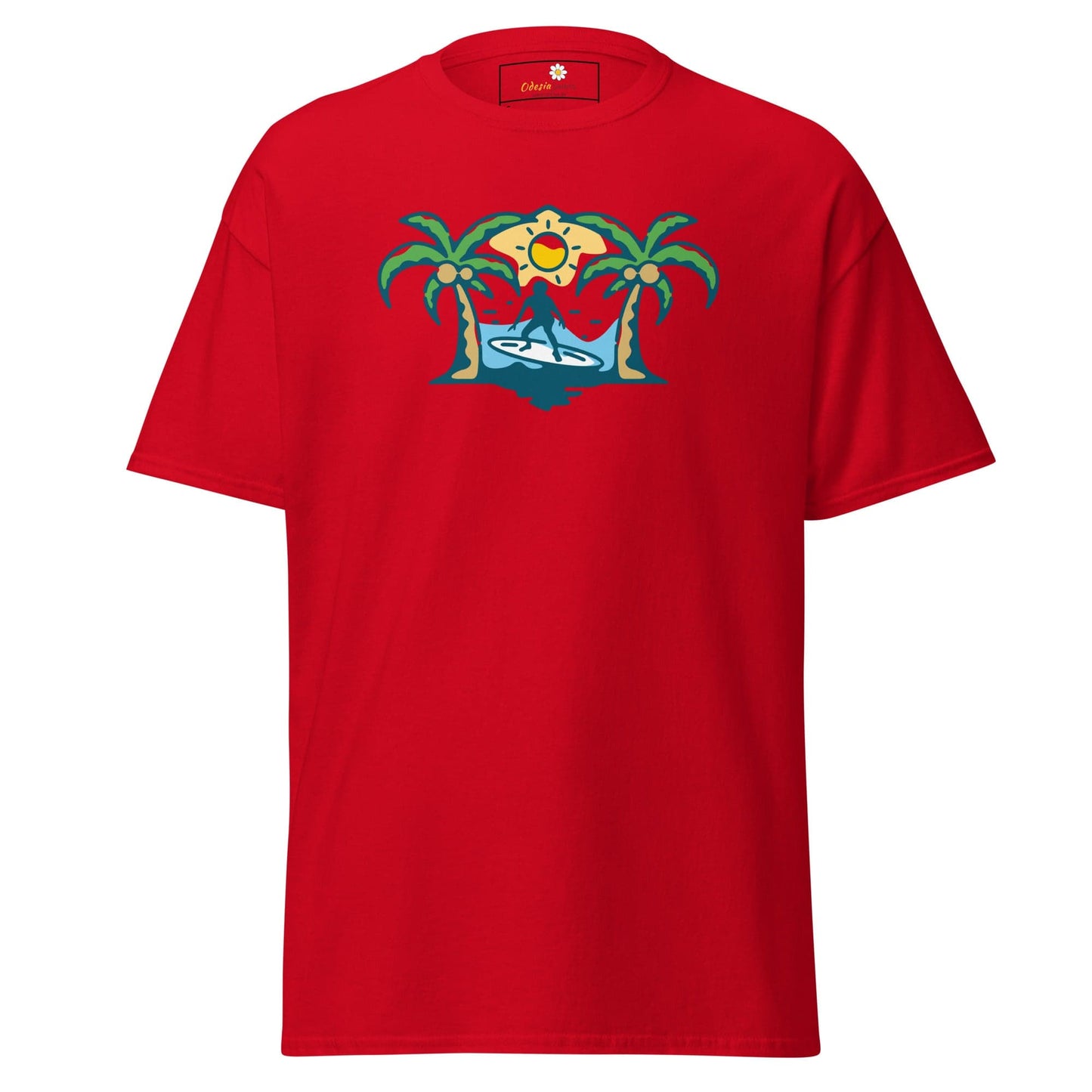 Red T-shirt with tropical surfer graphic for men and women in sizes S to XL