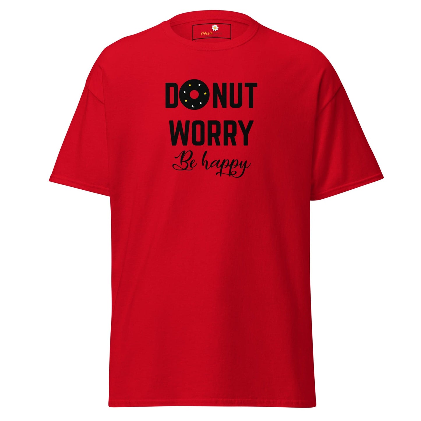 Red T-shirt with Donut Worry Be Happy graphic from T-Shirt Design Tee for Men and Women