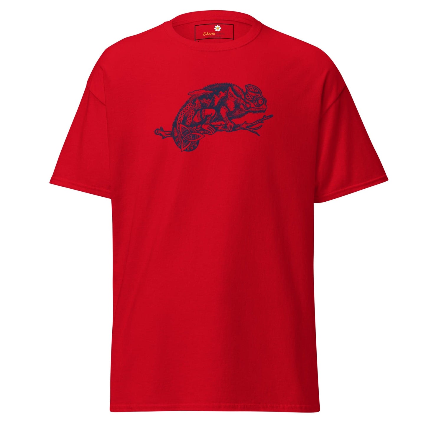 Red T-shirt with chameleon graphic from T-SHIRT DESIGN TEE for men and women, multiple sizes