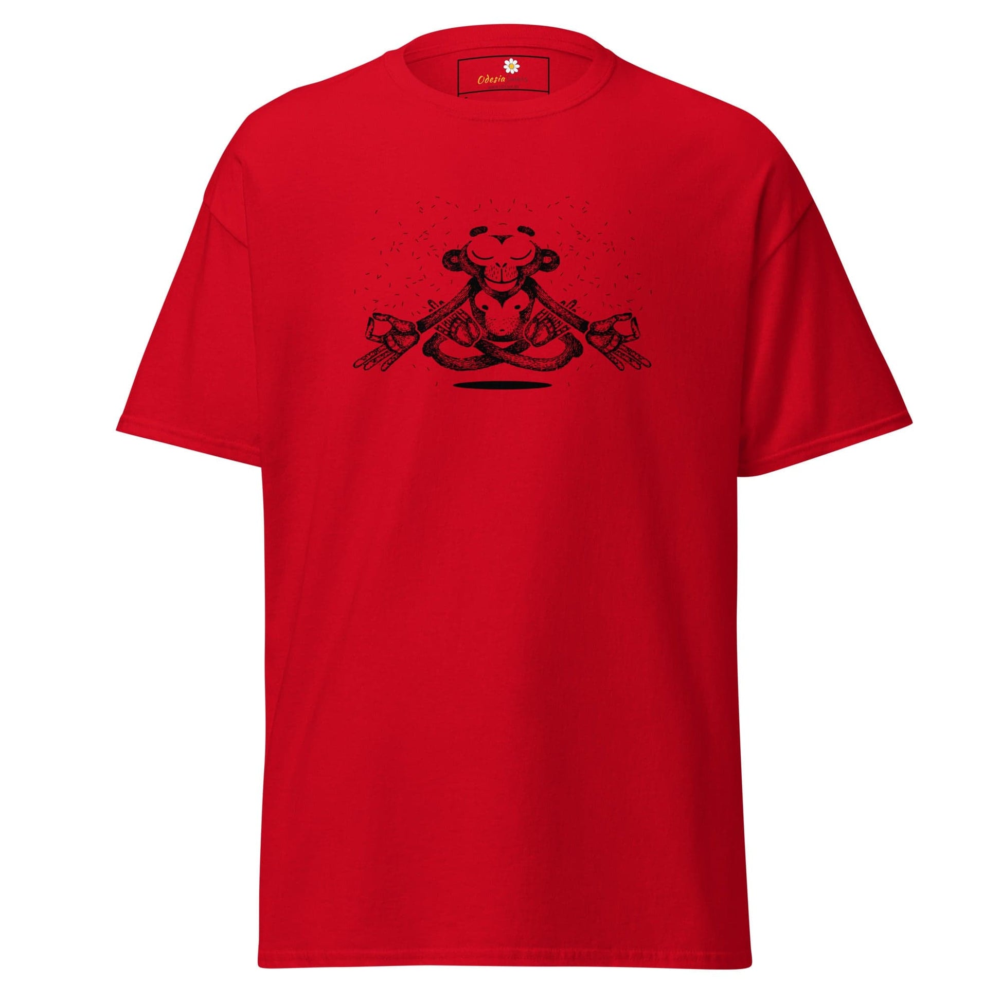 Red T-shirt with black graphic design, suitable for Men and Women, available in S to XL sizes