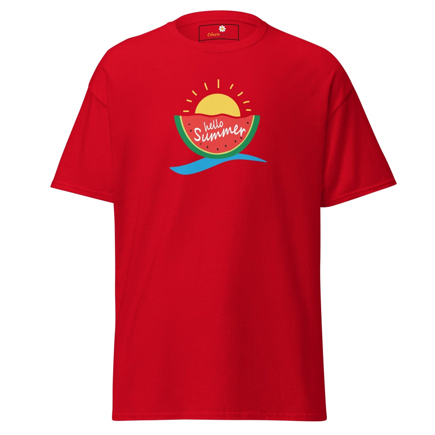 Red summer graphic T-shirt for men and women available in sizes S to XL