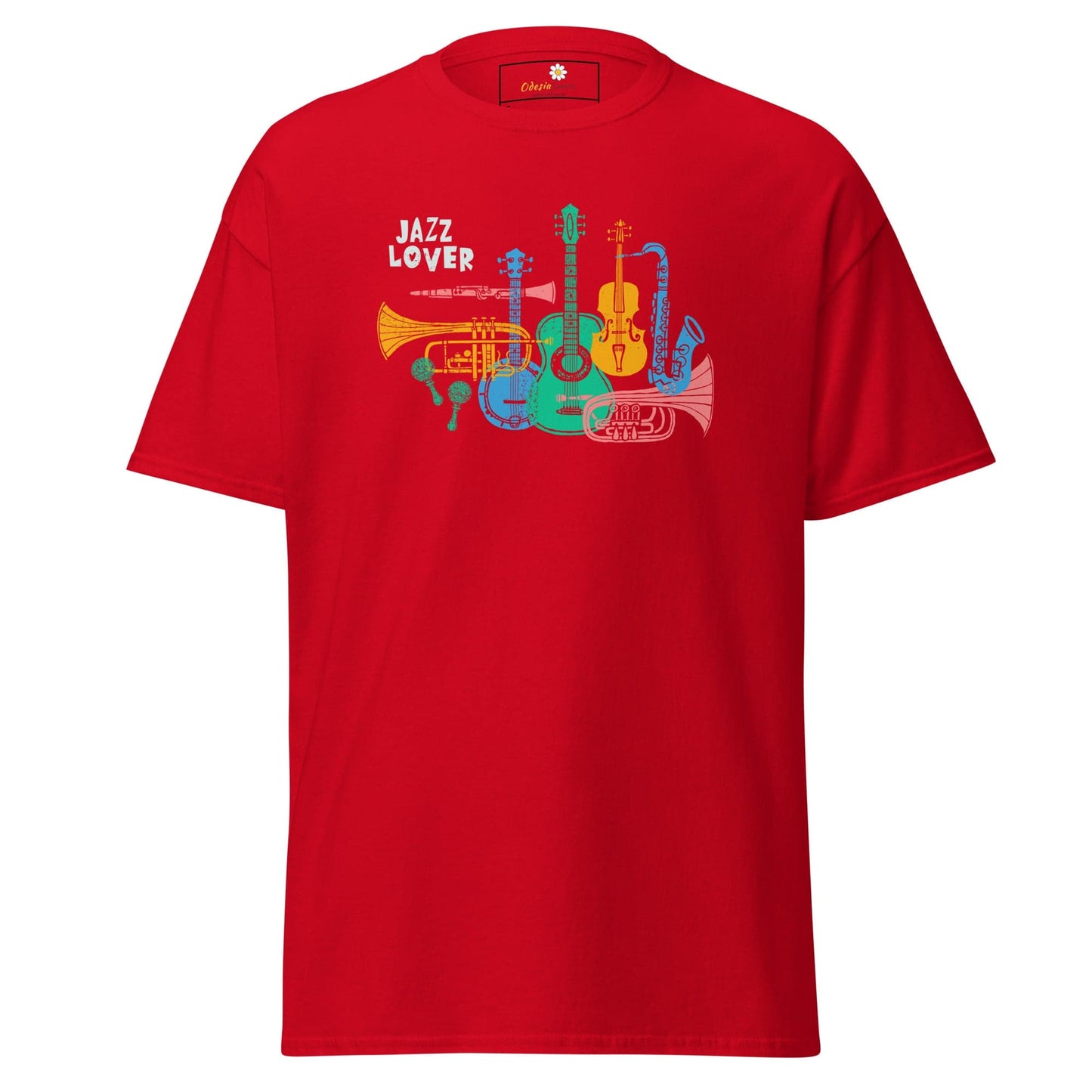 Red t-shirt with jazz instrument graphic for man or woman in size S to XL