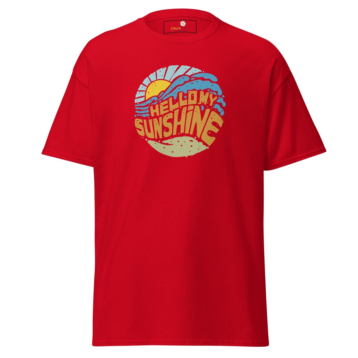 Red T-Shirt with Sun and Wave Graphic for Men and Women in Sizes S to XL