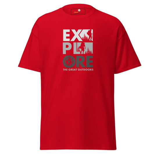 Red T-shirt with Explore the Great Outdoors graphic in the T-SHIRT DESIGN TEE for Men or Women