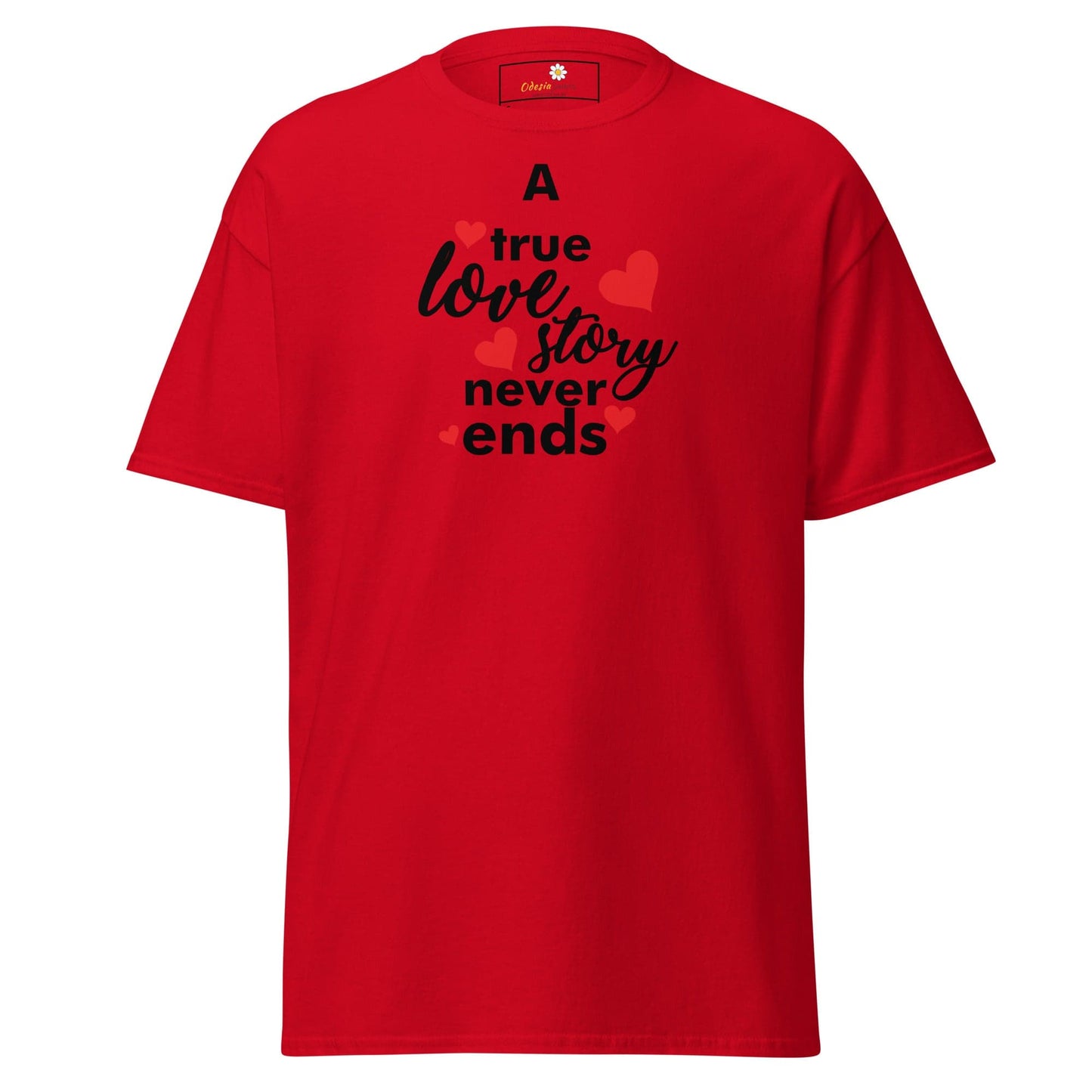 Red T-shirt with love story graphic, available in S to XL sizes for men and women