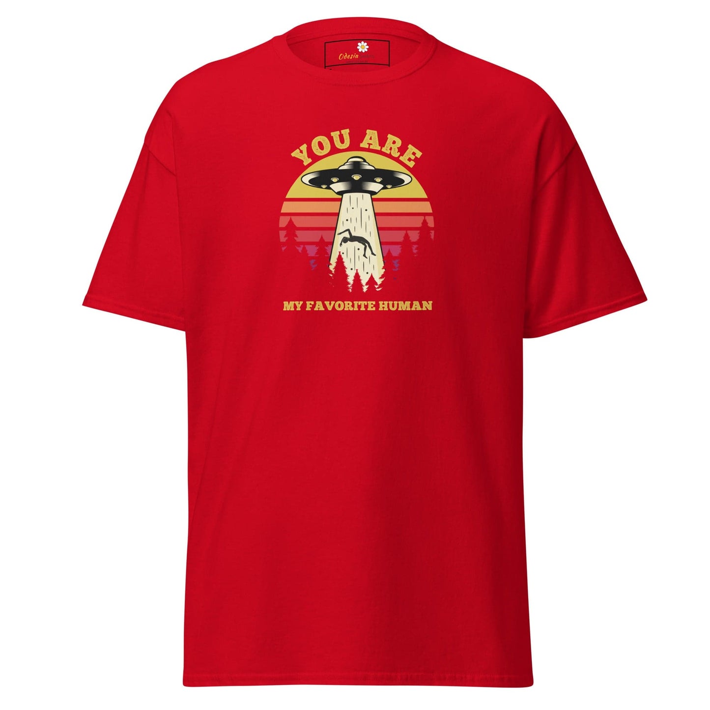 Red T-shirt with alien abduction graphic from T-SHIRT DESIGN TEE collection for men and women