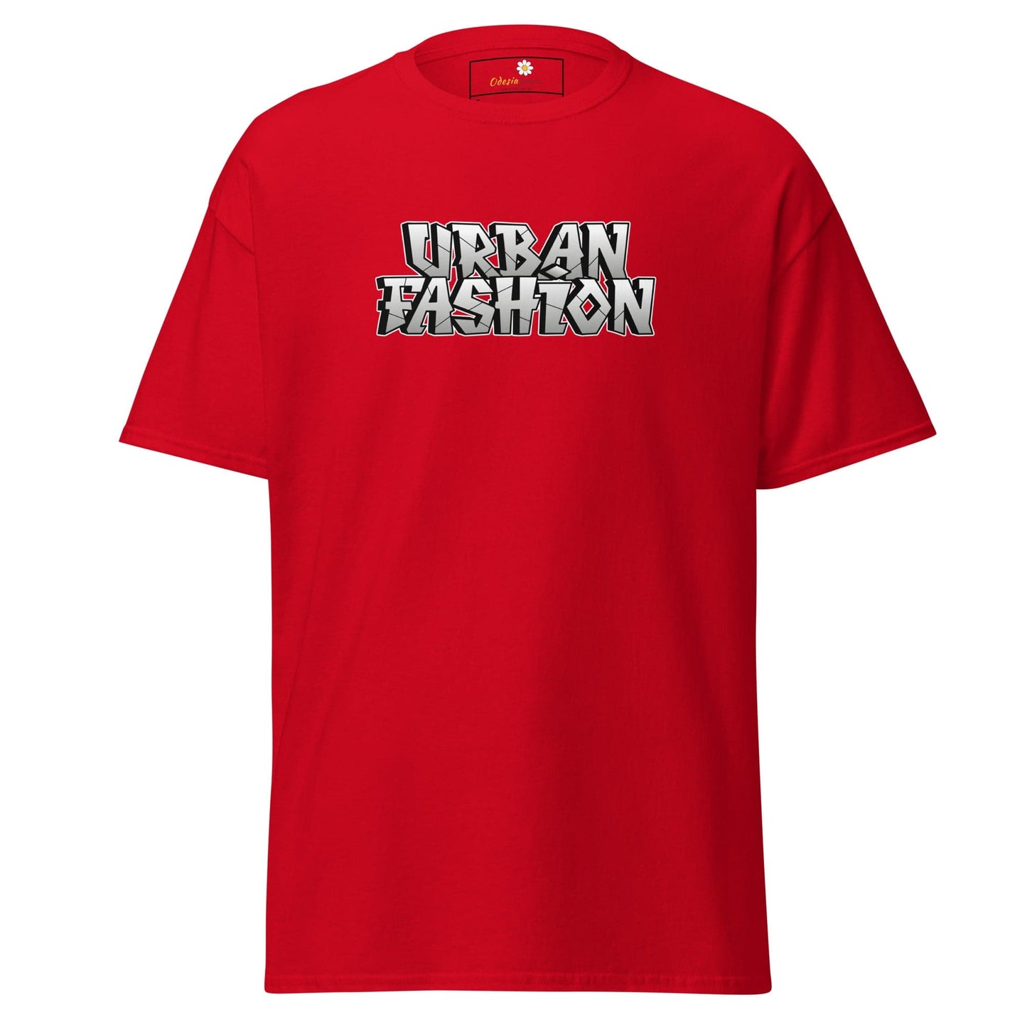 Red T-shirt with Urban Fashion graphic for men and women in sizes S to XL