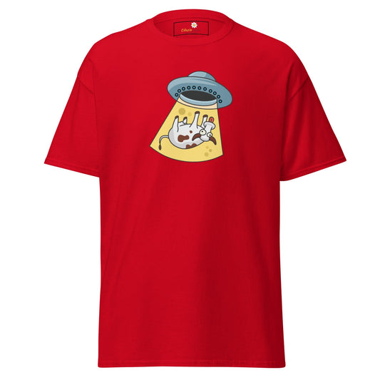 Red T-shirt with alien abduction graphic from T-SHIRT DESIGN TEE for men and women