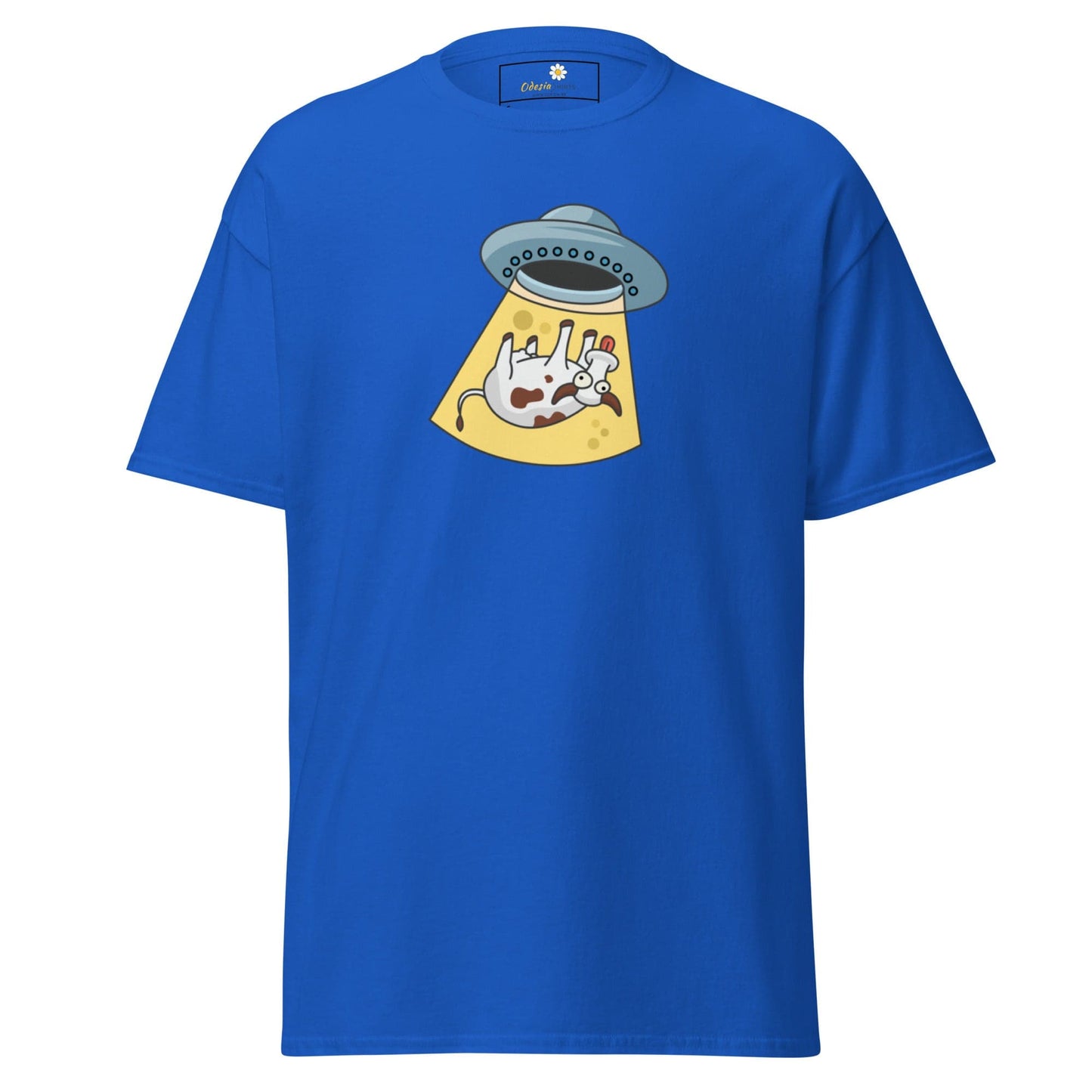 Blue T-shirt with UFO and Cow graphic for men and women in sizes S to XL
