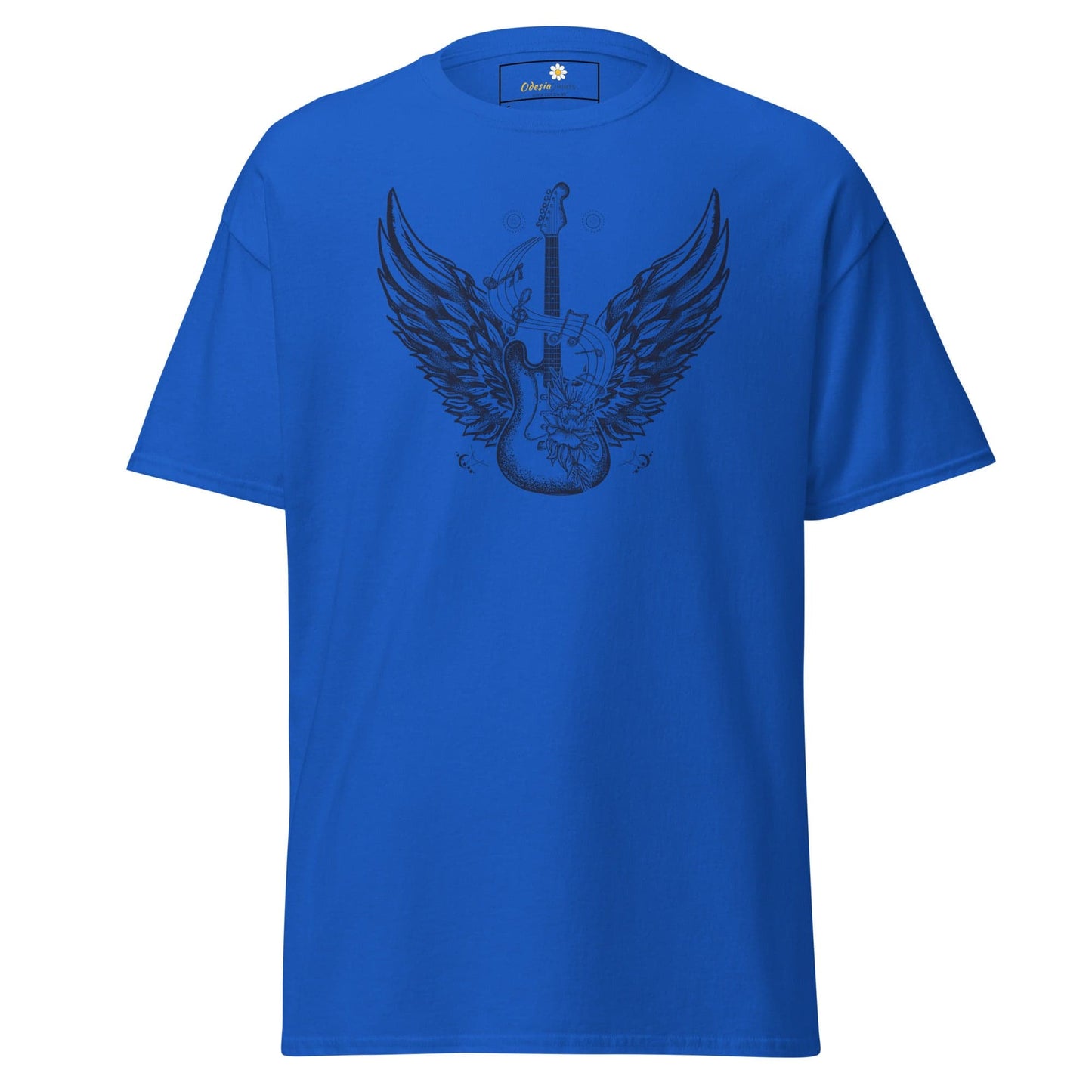 Blue t-shirt with guitar and wings graphic for men and women, available in S to XL sizes
