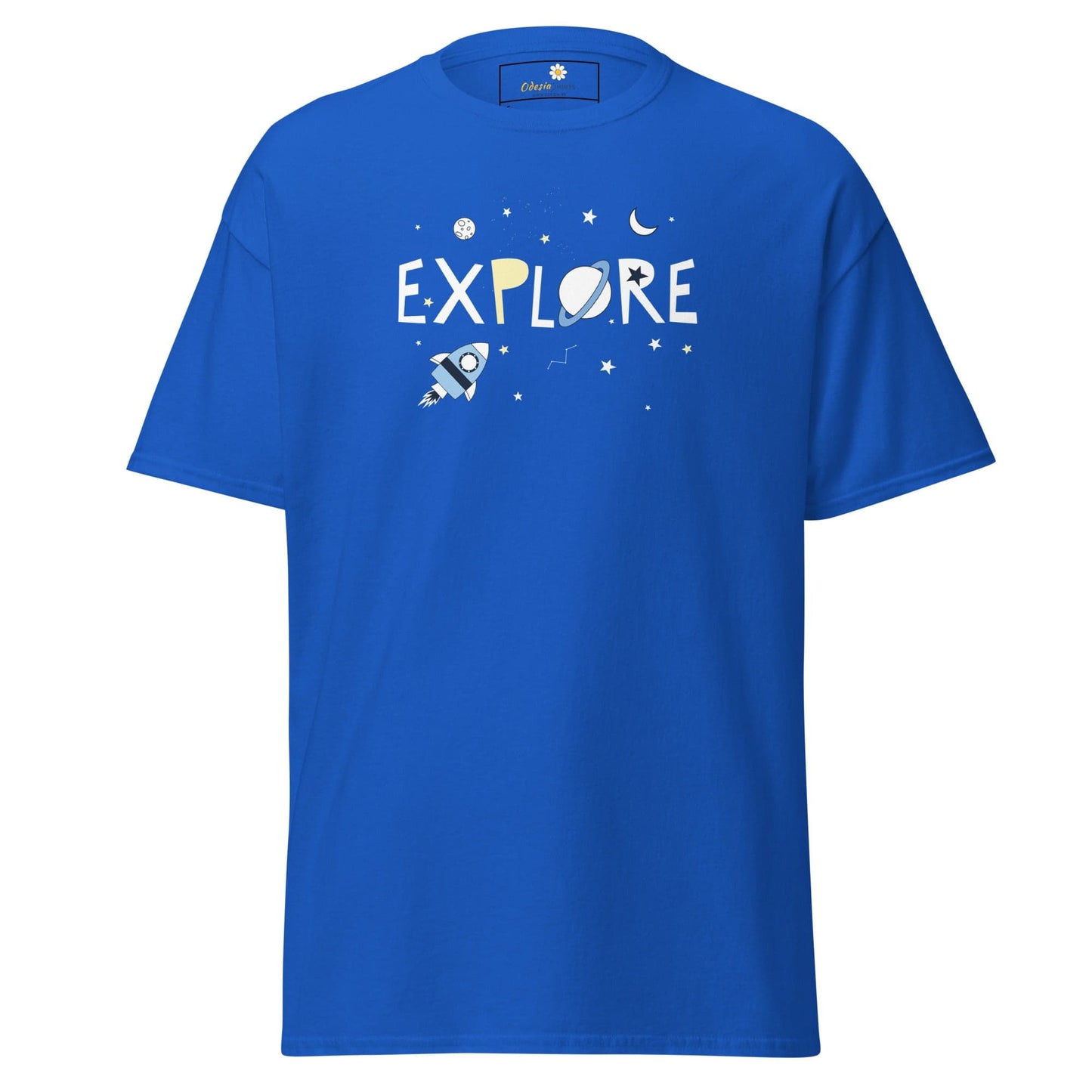 Blue T-shirt with space-themed graphic, suitable for men and women sizes S to XL