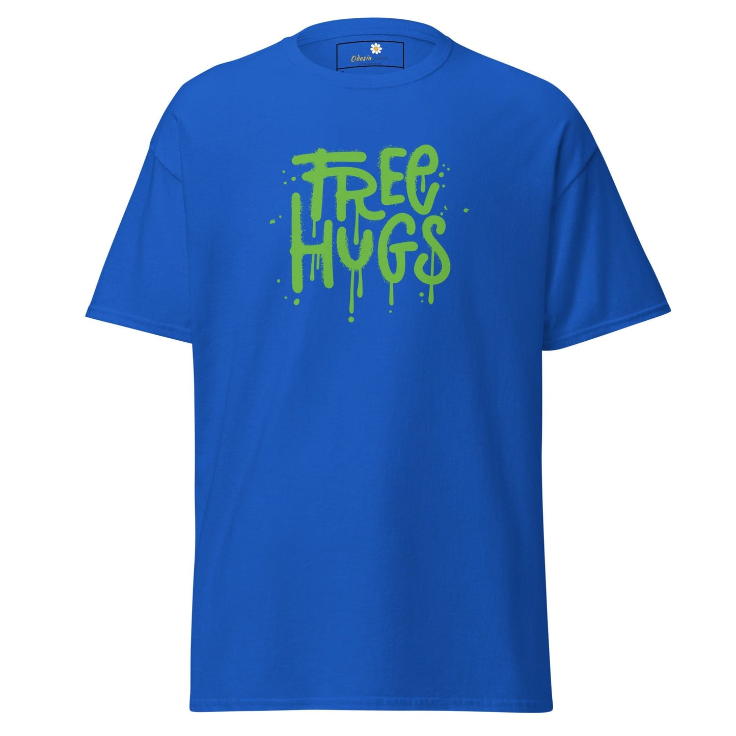 Blue T-shirt with Free Hugs graphic, available in S to XL for men and women