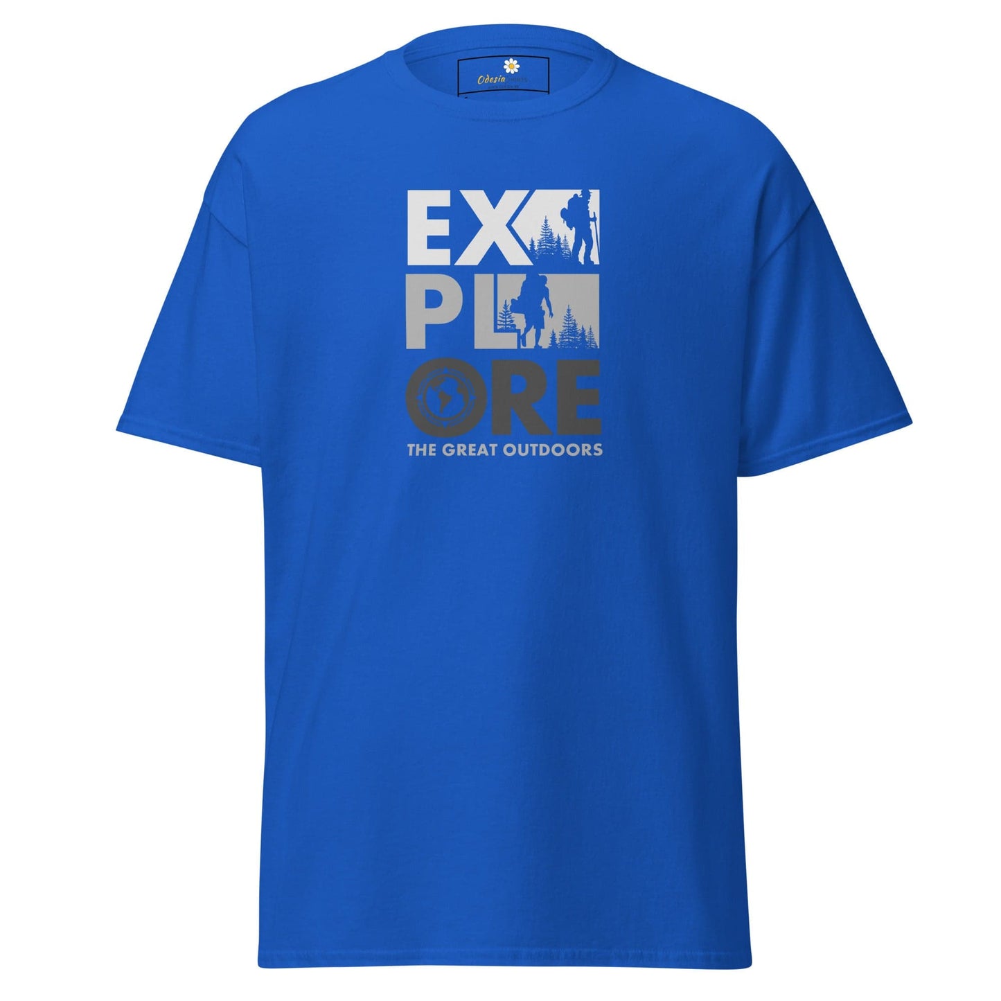 Blue T-shirt with Explore the Great Outdoors graphic for men and women sizing S to XL