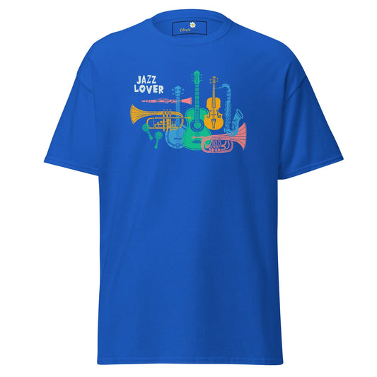 Blue T-shirt with jazz instrument graphic for men and women in size S to XL