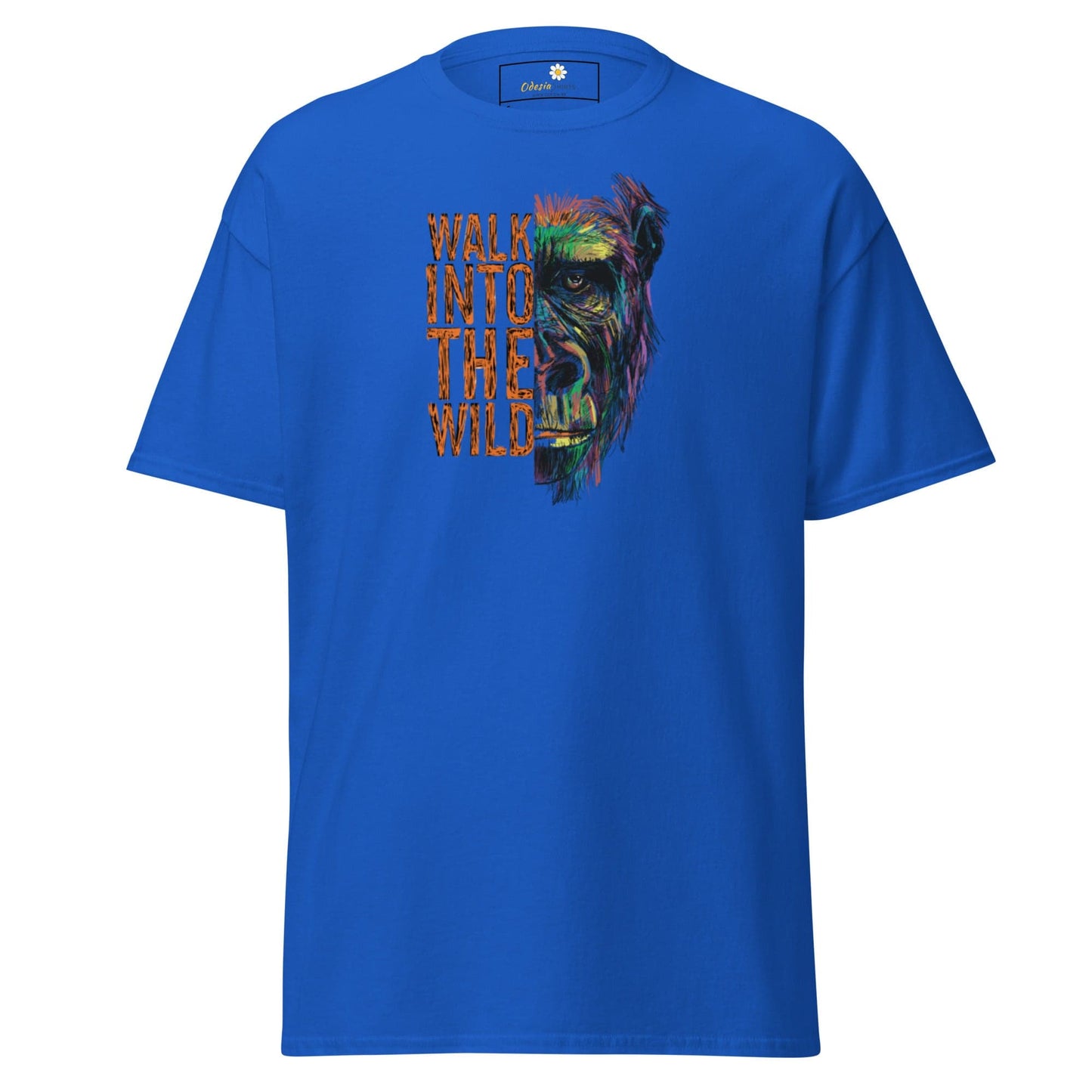 Blue T-shirt with gorilla graphic, suitable for men and women, available in sizes S to XL