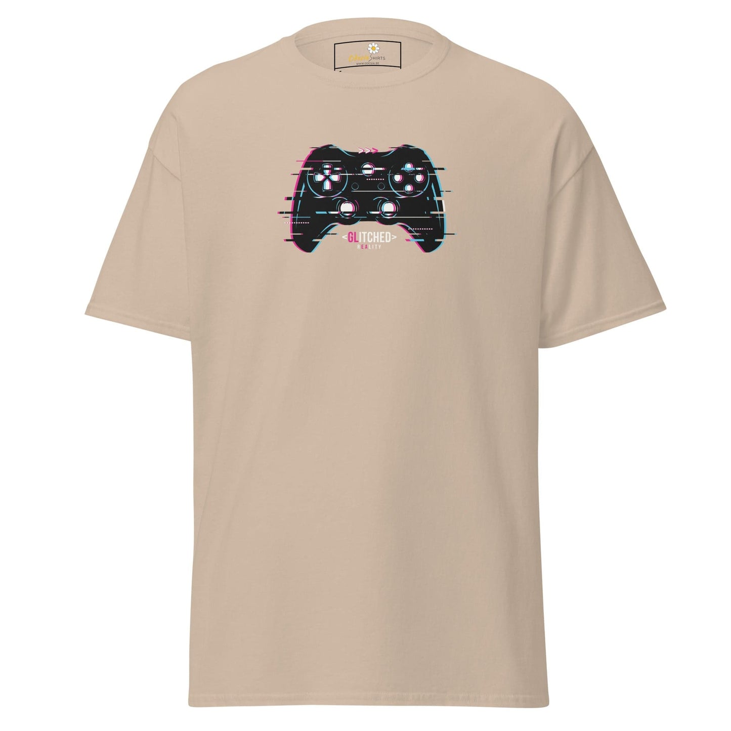 Beige T-shirt with glitchy controller graphic for men and women in sizes S to XL