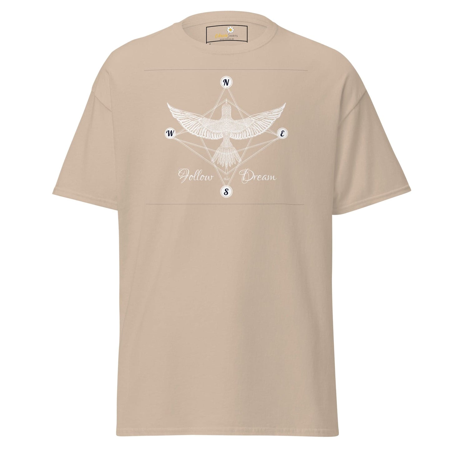 Beige T-shirt with bird and compass graphic for Men and Women, available in S to XL