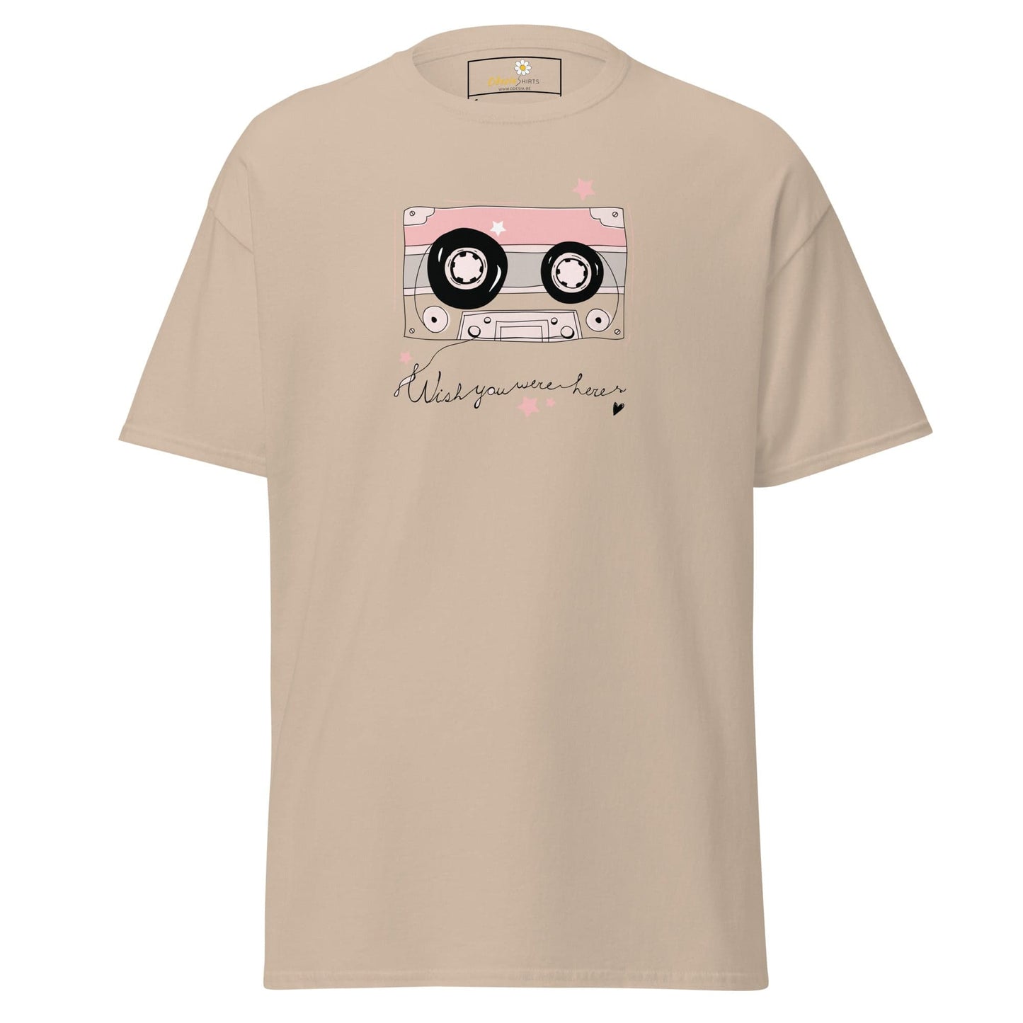 Beige T-shirt with cassette tape graphic for Men and Women, available in sizes S to XL