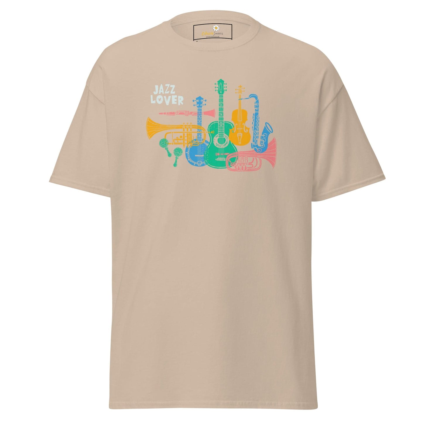 Beige T-shirt with jazz instrument graphic for men and women in sizes S to XL