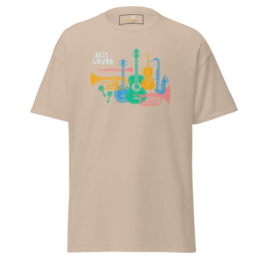 Beige T-shirt with jazz instrument graphic for men and women in sizes S to XL